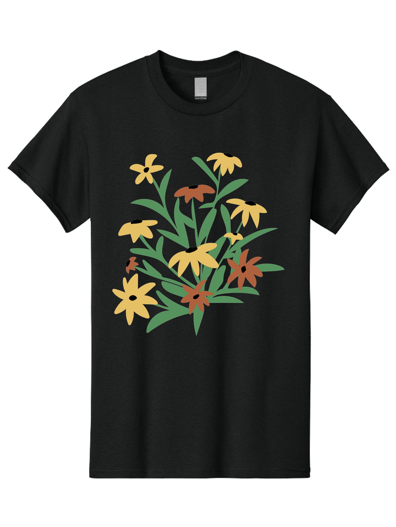 Black-Eyed-Susans Men'S Graphic Tee, 100% Cotton, Comfortable Casual Summer Wear, Machine Washable, Yellow Flowers, Red Flowers, Black Centers, Green Leaves, Floral Arrangement, Digital Illustration, Abstract Flowers, Simple Shapes, Aad999