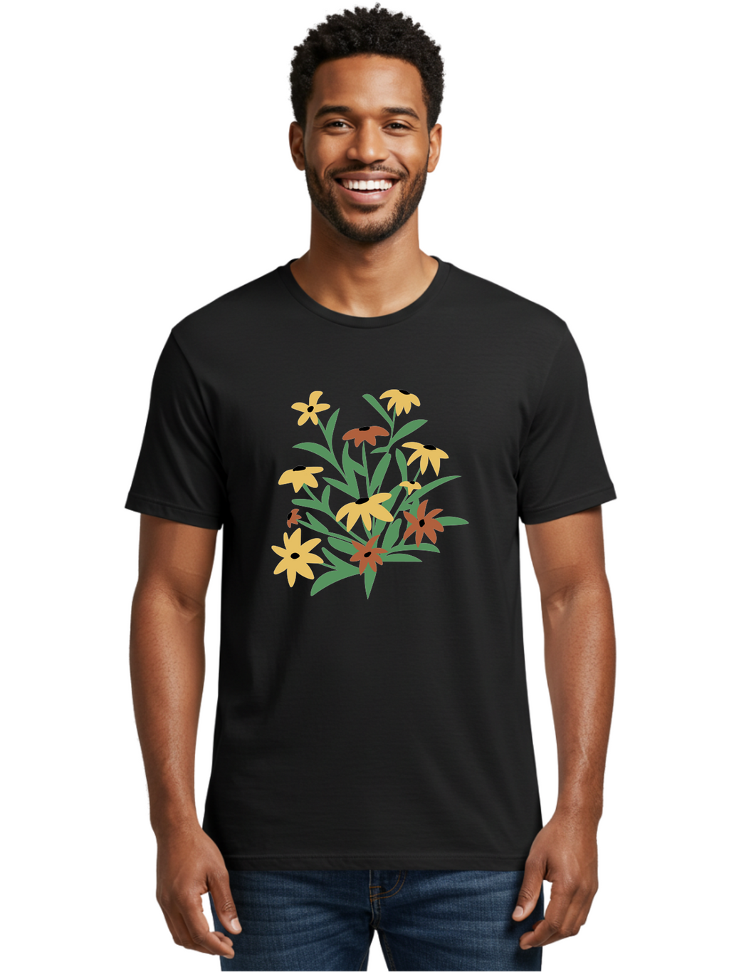 Black-Eyed-Susans Men'S Graphic Tee, 100% Cotton, Comfortable Casual Summer Wear, Machine Washable, Yellow Flowers, Red Flowers, Black Centers, Green Leaves, Floral Arrangement, Digital Illustration, Abstract Flowers, Simple Shapes, Aad999