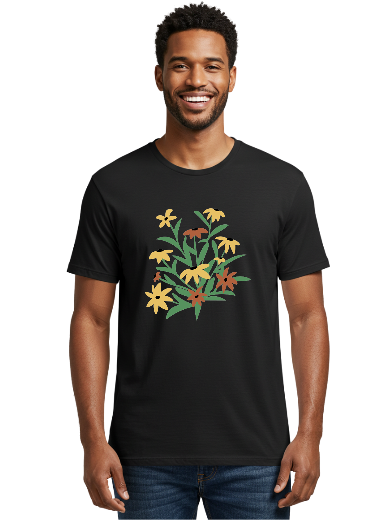 Black-Eyed-Susans Men'S Graphic Tee, 100% Cotton, Comfortable Casual Summer Wear, Machine Washable, Yellow Flowers, Red Flowers, Black Centers, Green Leaves, Floral Arrangement, Digital Illustration, Abstract Flowers, Simple Shapes, Aad999