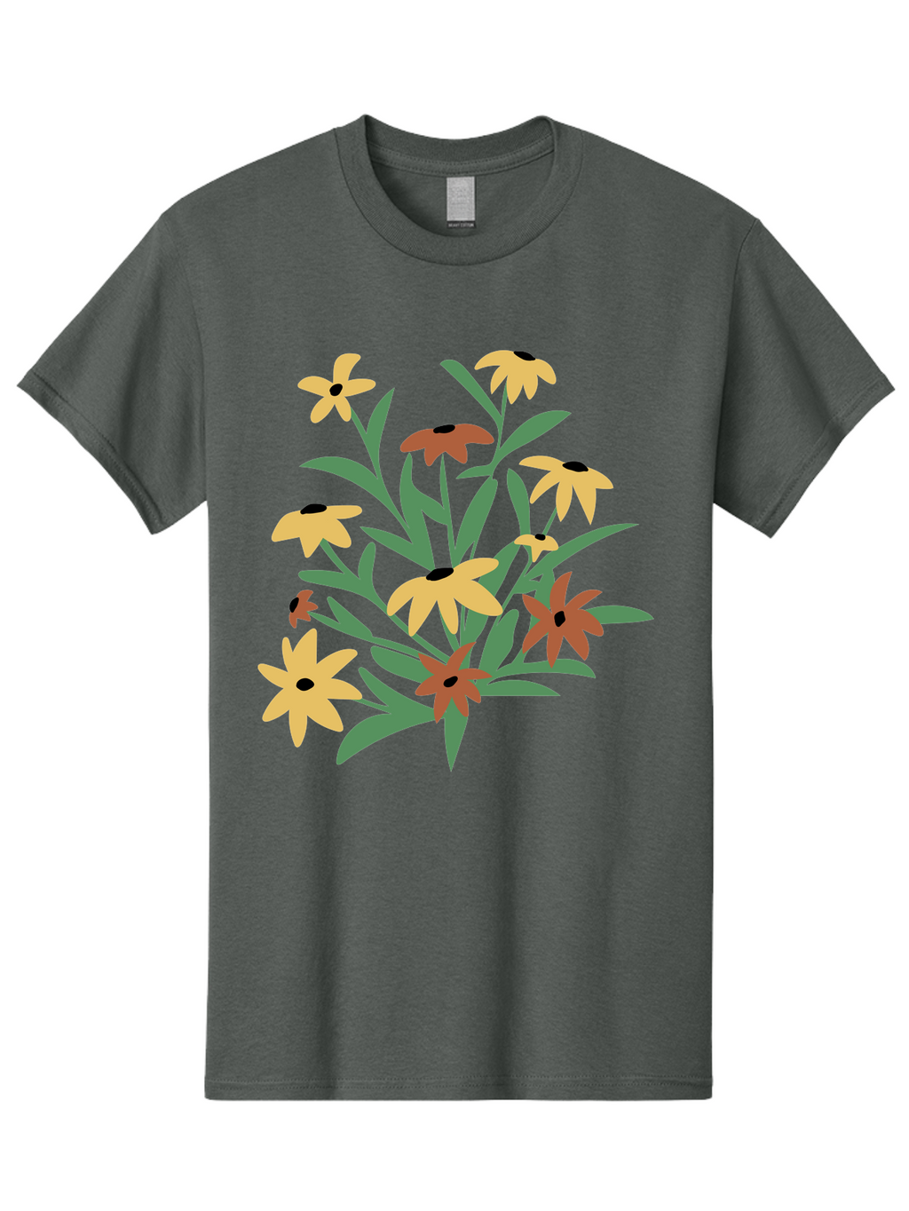 Black-Eyed-Susans Men'S Graphic Tee, 100% Cotton, Comfortable Casual Summer Wear, Machine Washable, Yellow Flowers, Red Flowers, Black Centers, Green Leaves, Floral Arrangement, Digital Illustration, Abstract Flowers, Simple Shapes, Aad999