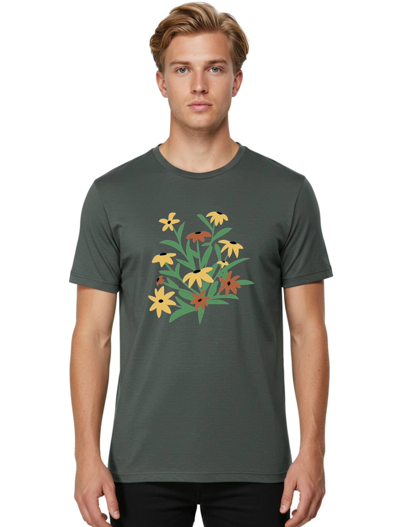 Black-Eyed-Susans Men'S Graphic Tee, 100% Cotton, Comfortable Casual Summer Wear, Machine Washable, Yellow Flowers, Red Flowers, Black Centers, Green Leaves, Floral Arrangement, Digital Illustration, Abstract Flowers, Simple Shapes, Aad999