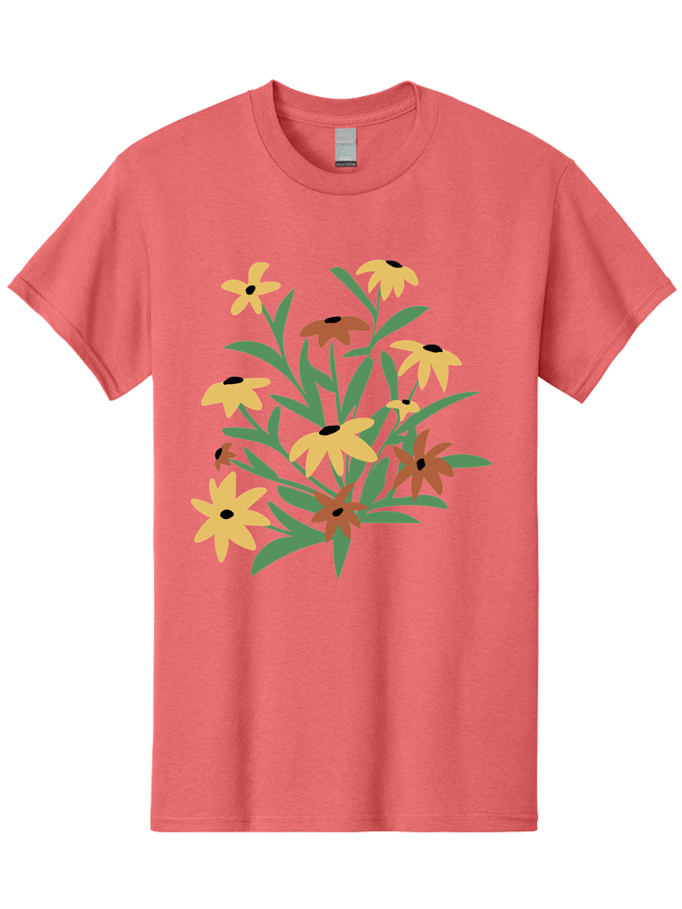 Black-Eyed-Susans Men'S Graphic Tee, 100% Cotton, Comfortable Casual Summer Wear, Machine Washable, Yellow Flowers, Red Flowers, Black Centers, Green Leaves, Floral Arrangement, Digital Illustration, Abstract Flowers, Simple Shapes, Aad999