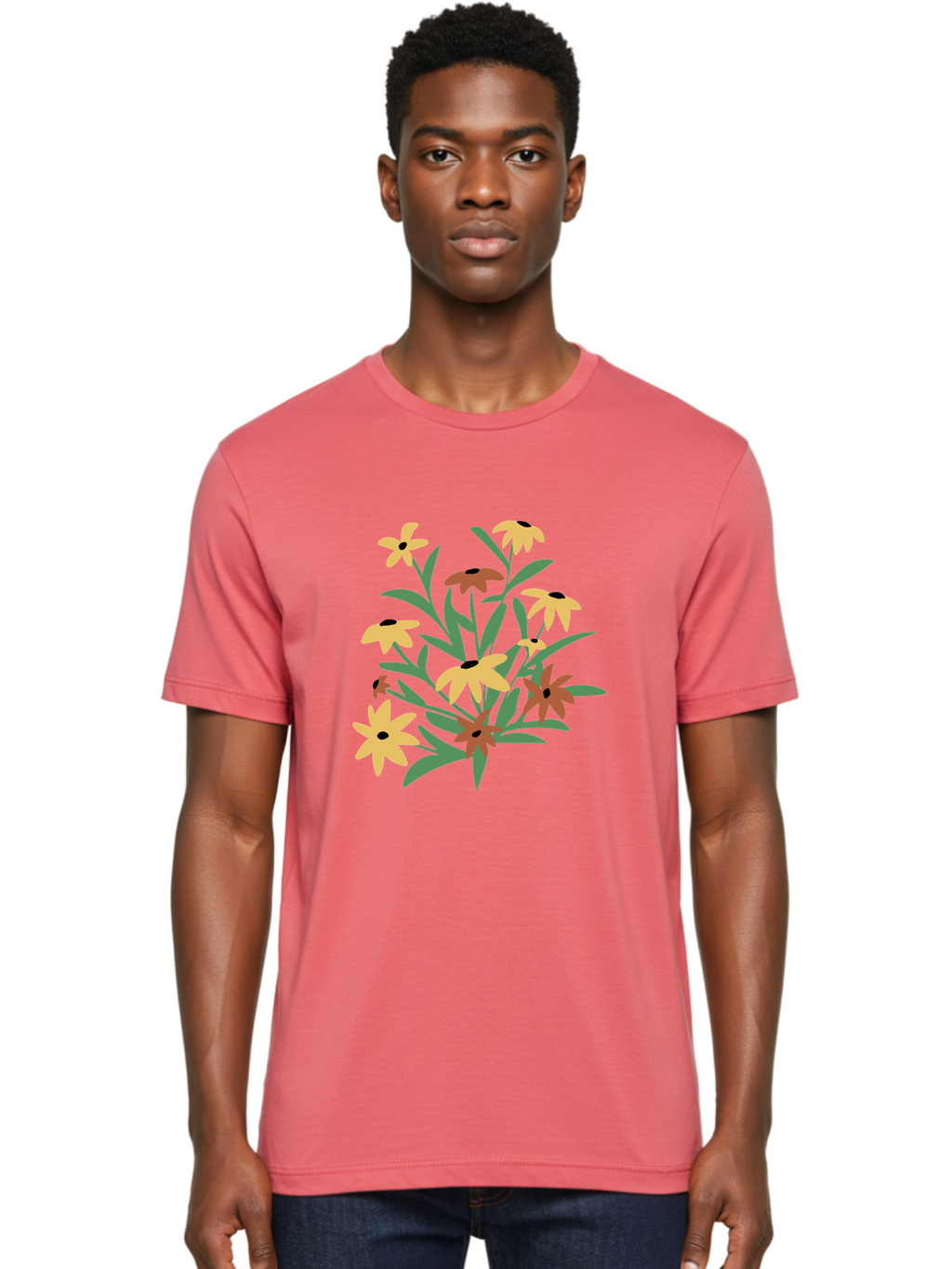 Black-Eyed-Susans Men'S Graphic Tee, 100% Cotton, Comfortable Casual Summer Wear, Machine Washable, Yellow Flowers, Red Flowers, Black Centers, Green Leaves, Floral Arrangement, Digital Illustration, Abstract Flowers, Simple Shapes, Aad999