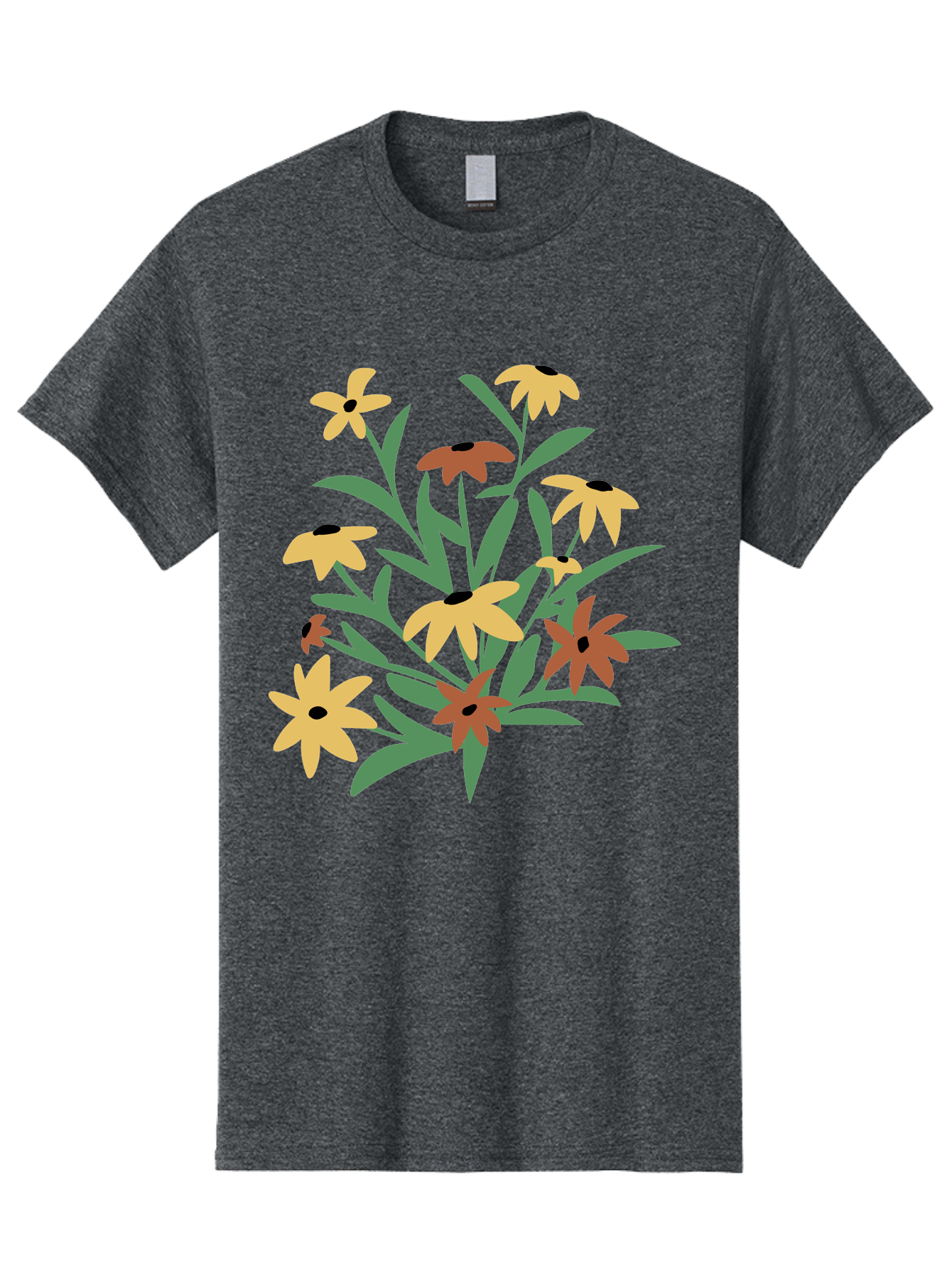 Black-Eyed-Susans Men'S Graphic Tee, 100% Cotton, Comfortable Casual Summer Wear, Machine Washable, Yellow Flowers, Red Flowers, Black Centers, Green Leaves, Floral Arrangement, Digital Illustration, Abstract Flowers, Simple Shapes, Aad999