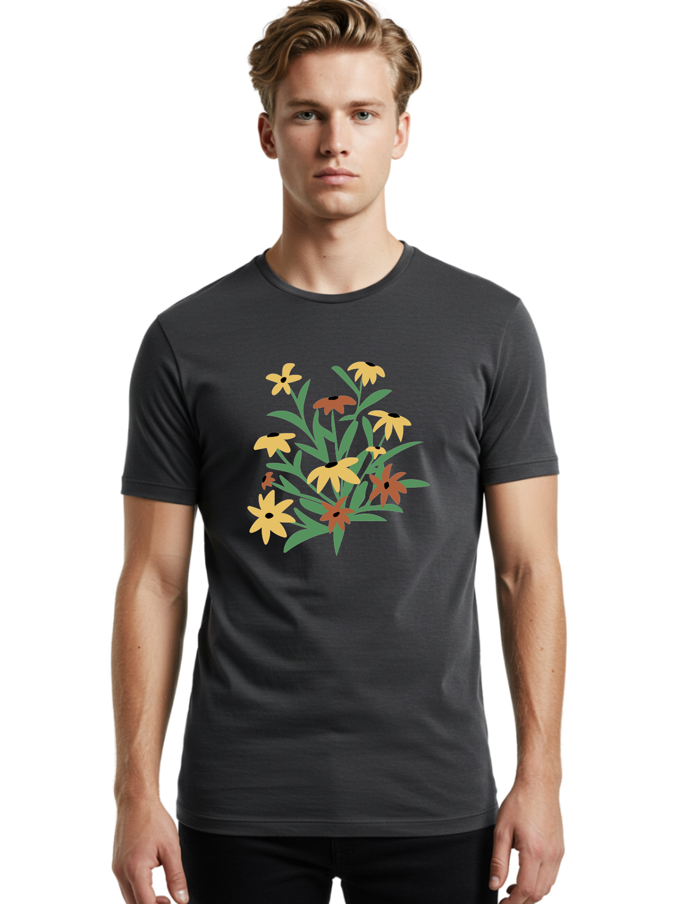 Black-Eyed-Susans Men'S Graphic Tee, 100% Cotton, Comfortable Casual Summer Wear, Machine Washable, Yellow Flowers, Red Flowers, Black Centers, Green Leaves, Floral Arrangement, Digital Illustration, Abstract Flowers, Simple Shapes, Aad999