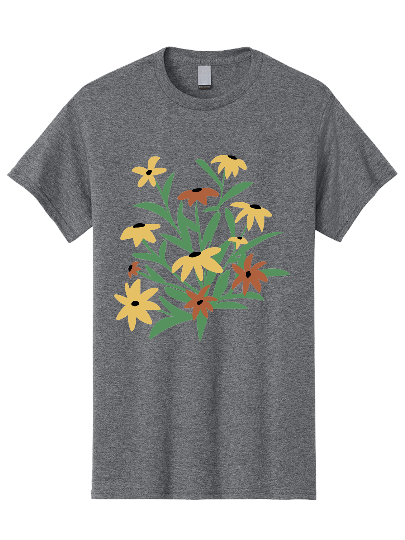 Black-Eyed-Susans Men'S Graphic Tee, 100% Cotton, Comfortable Casual Summer Wear, Machine Washable, Yellow Flowers, Red Flowers, Black Centers, Green Leaves, Floral Arrangement, Digital Illustration, Abstract Flowers, Simple Shapes, Aad999