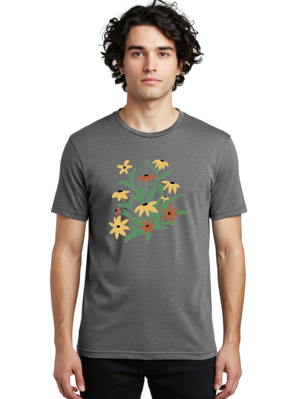 Black-Eyed-Susans Men'S Graphic Tee, 100% Cotton, Comfortable Casual Summer Wear, Machine Washable, Yellow Flowers, Red Flowers, Black Centers, Green Leaves, Floral Arrangement, Digital Illustration, Abstract Flowers, Simple Shapes, Aad999