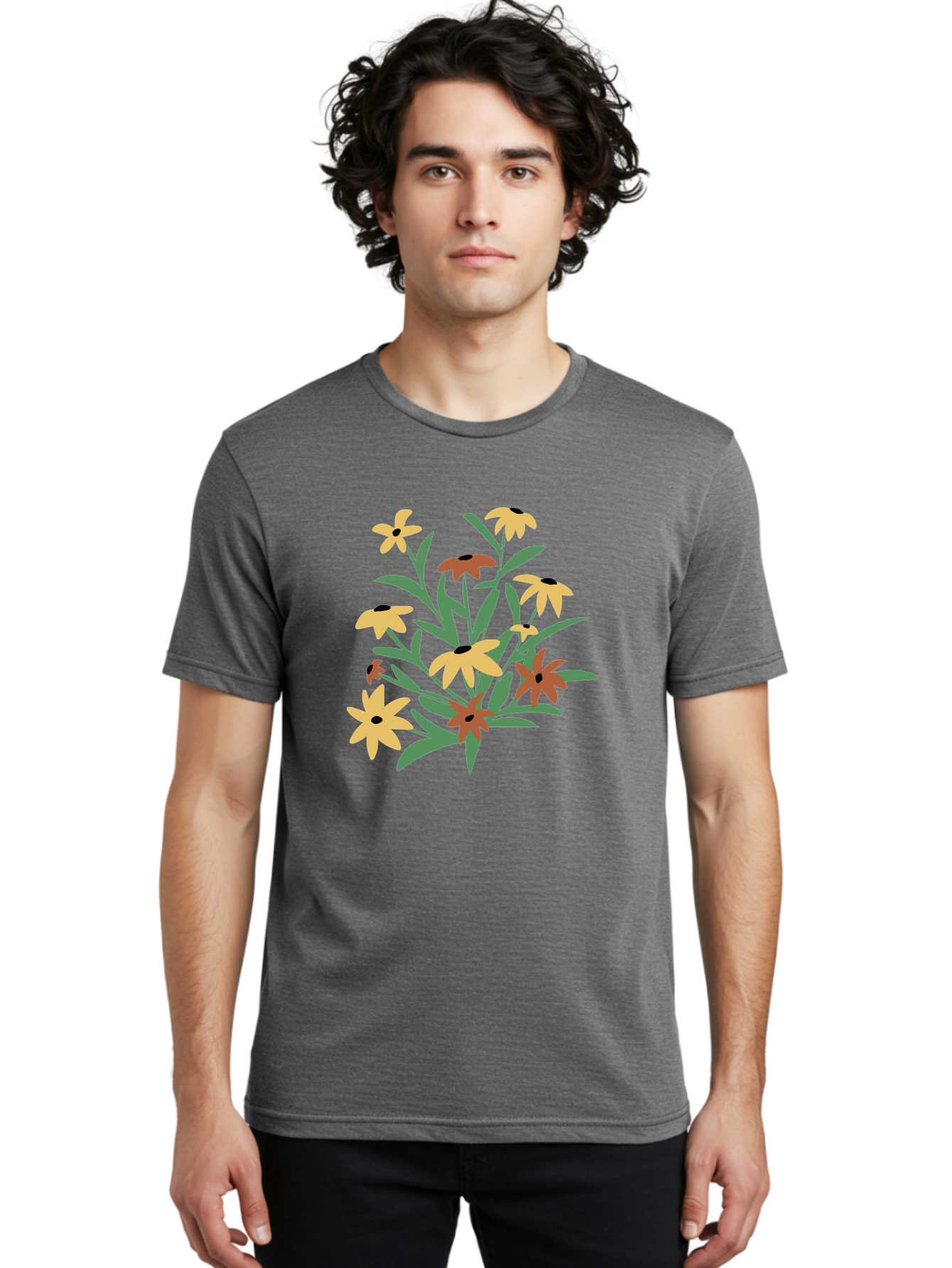Black-Eyed-Susans Men'S Graphic Tee, 100% Cotton, Comfortable Casual Summer Wear, Machine Washable, Yellow Flowers, Red Flowers, Black Centers, Green Leaves, Floral Arrangement, Digital Illustration, Abstract Flowers, Simple Shapes, Aad999