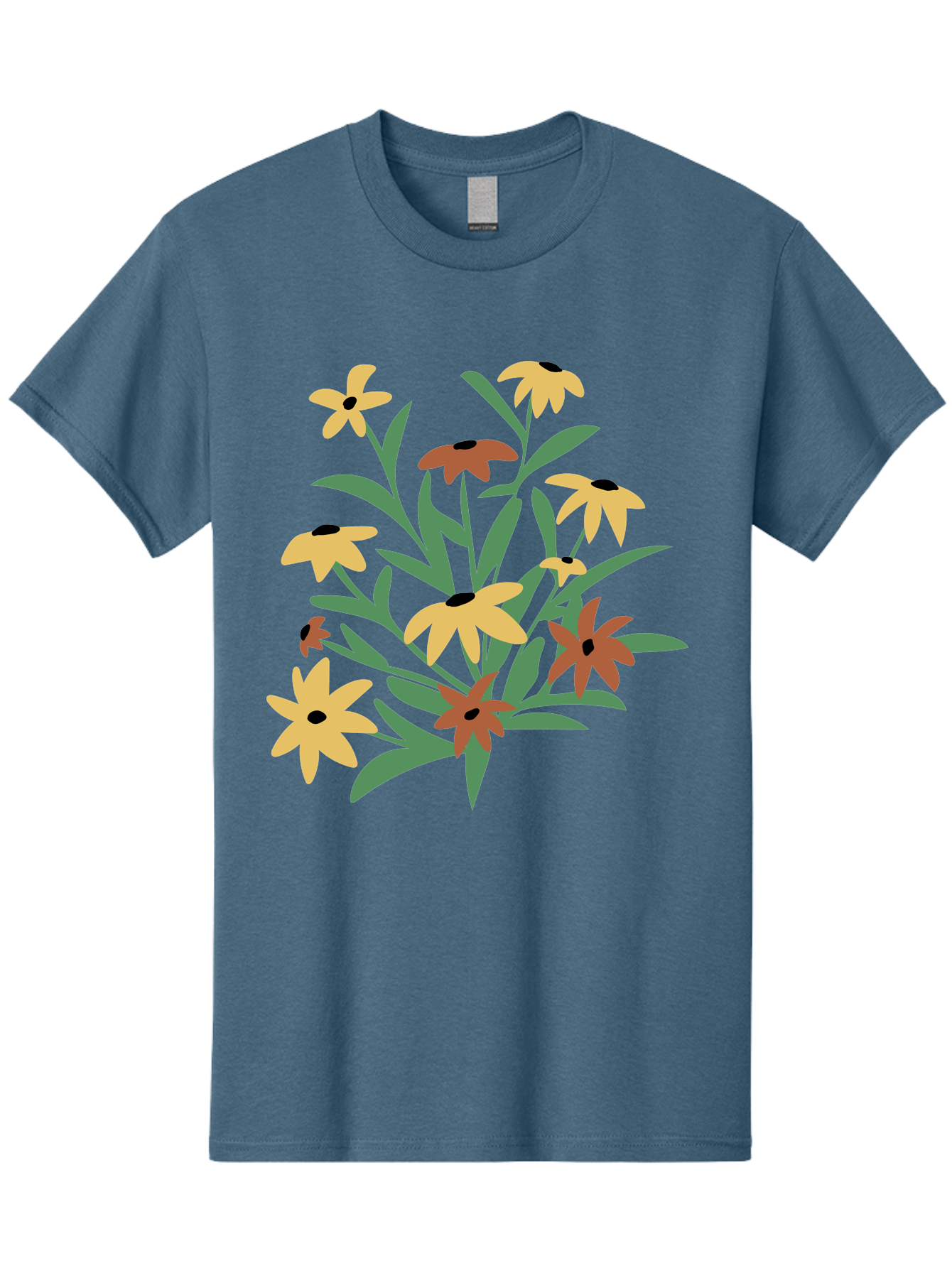 Black-Eyed-Susans Men'S Graphic Tee, 100% Cotton, Comfortable Casual Summer Wear, Machine Washable, Yellow Flowers, Red Flowers, Black Centers, Green Leaves, Floral Arrangement, Digital Illustration, Abstract Flowers, Simple Shapes, Aad999