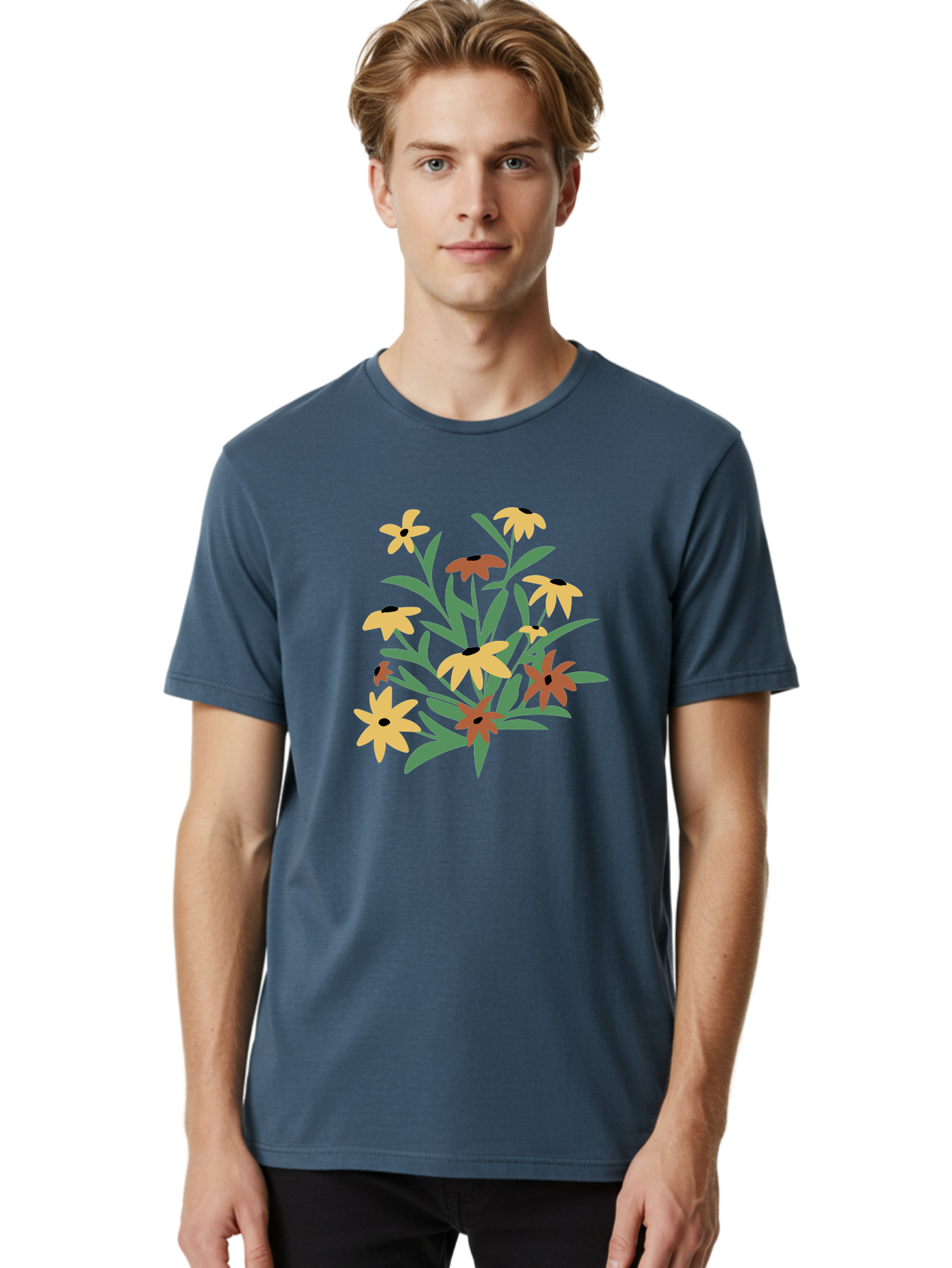 Black-Eyed-Susans Men'S Graphic Tee, 100% Cotton, Comfortable Casual Summer Wear, Machine Washable, Yellow Flowers, Red Flowers, Black Centers, Green Leaves, Floral Arrangement, Digital Illustration, Abstract Flowers, Simple Shapes, Aad999