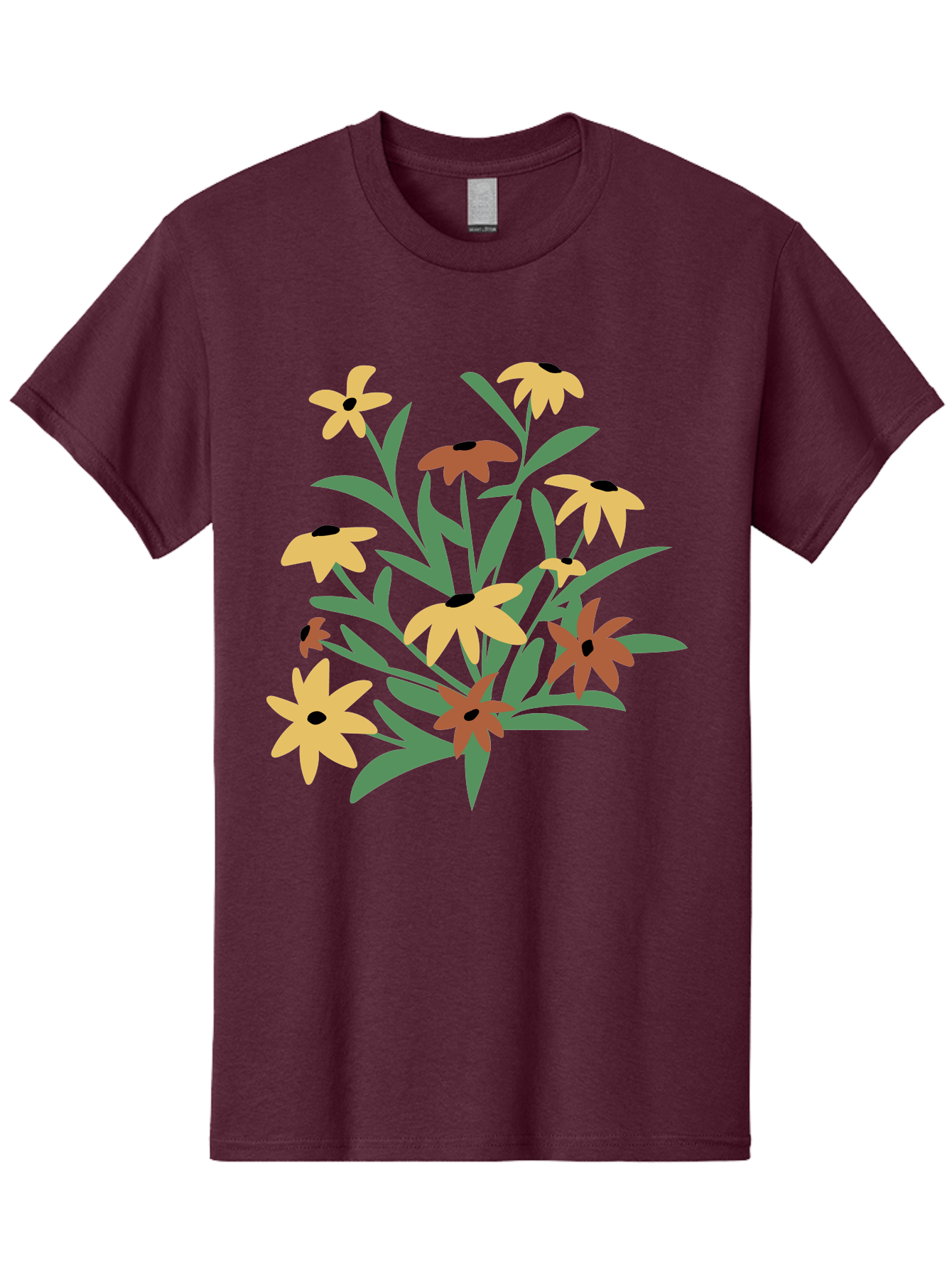 Black-Eyed-Susans Men'S Graphic Tee, 100% Cotton, Comfortable Casual Summer Wear, Machine Washable, Yellow Flowers, Red Flowers, Black Centers, Green Leaves, Floral Arrangement, Digital Illustration, Abstract Flowers, Simple Shapes, Aad999