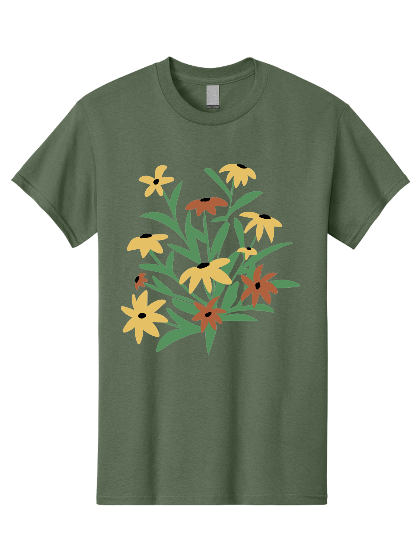 Black-Eyed-Susans Men'S Graphic Tee, 100% Cotton, Comfortable Casual Summer Wear, Machine Washable, Yellow Flowers, Red Flowers, Black Centers, Green Leaves, Floral Arrangement, Digital Illustration, Abstract Flowers, Simple Shapes, Aad999
