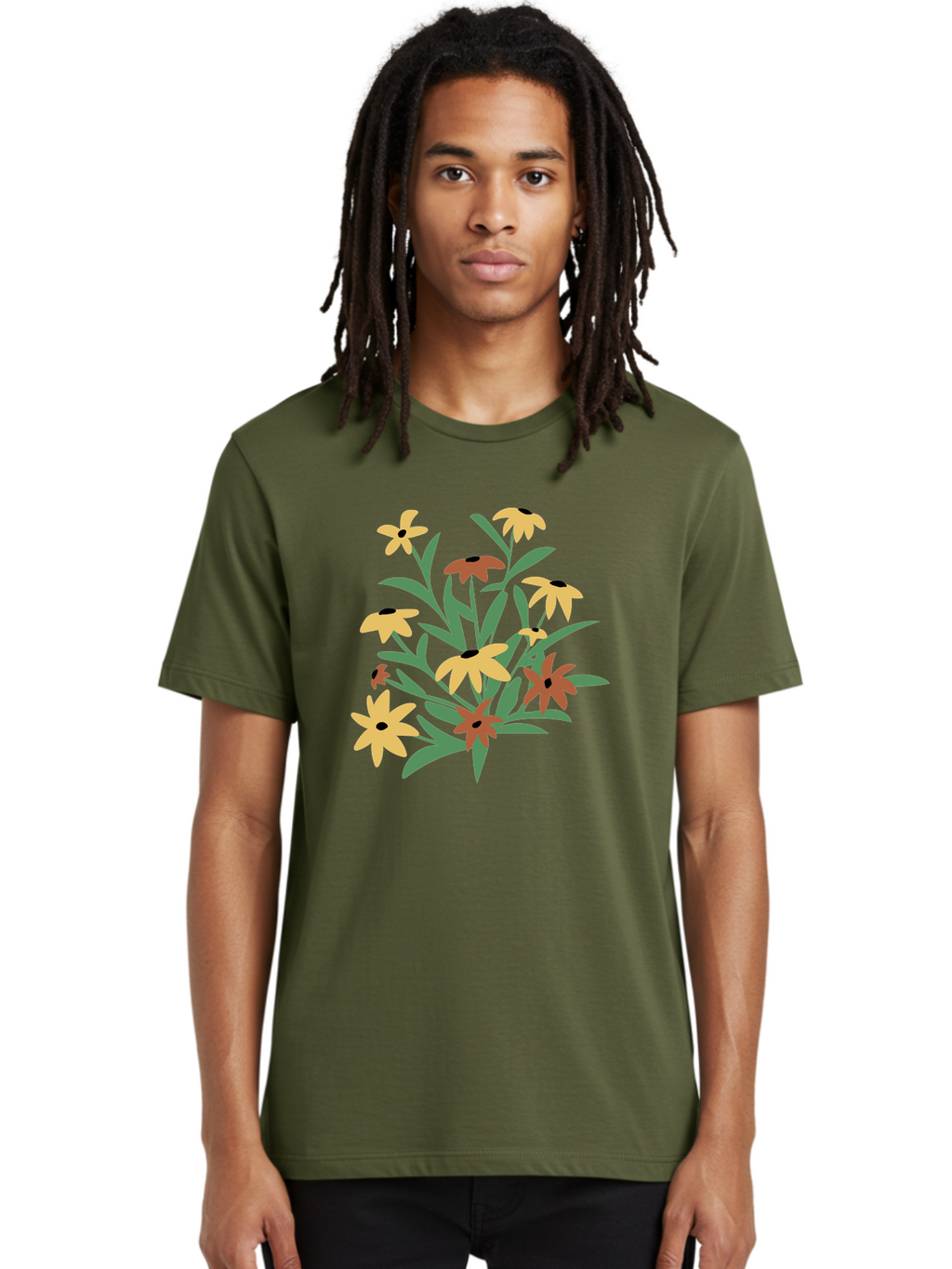 Black-Eyed-Susans Men'S Graphic Tee, 100% Cotton, Comfortable Casual Summer Wear, Machine Washable, Yellow Flowers, Red Flowers, Black Centers, Green Leaves, Floral Arrangement, Digital Illustration, Abstract Flowers, Simple Shapes, Aad999
