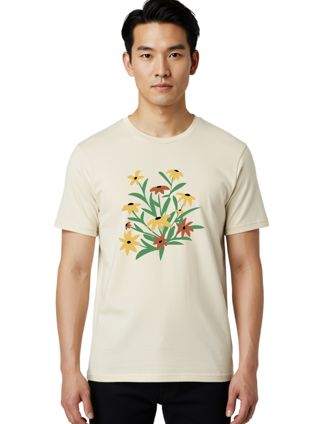 Black-Eyed-Susans Men'S Graphic Tee, 100% Cotton, Comfortable Casual Summer Wear, Machine Washable, Yellow Flowers, Red Flowers, Black Centers, Green Leaves, Floral Arrangement, Digital Illustration, Abstract Flowers, Simple Shapes, Aad999