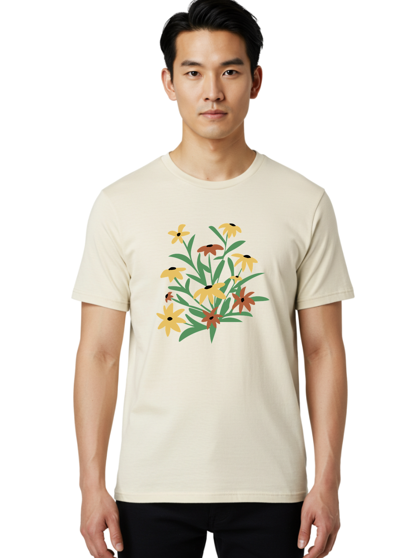 Black-Eyed-Susans Men'S Graphic Tee, 100% Cotton, Comfortable Casual Summer Wear, Machine Washable, Yellow Flowers, Red Flowers, Black Centers, Green Leaves, Floral Arrangement, Digital Illustration, Abstract Flowers, Simple Shapes, Aad999