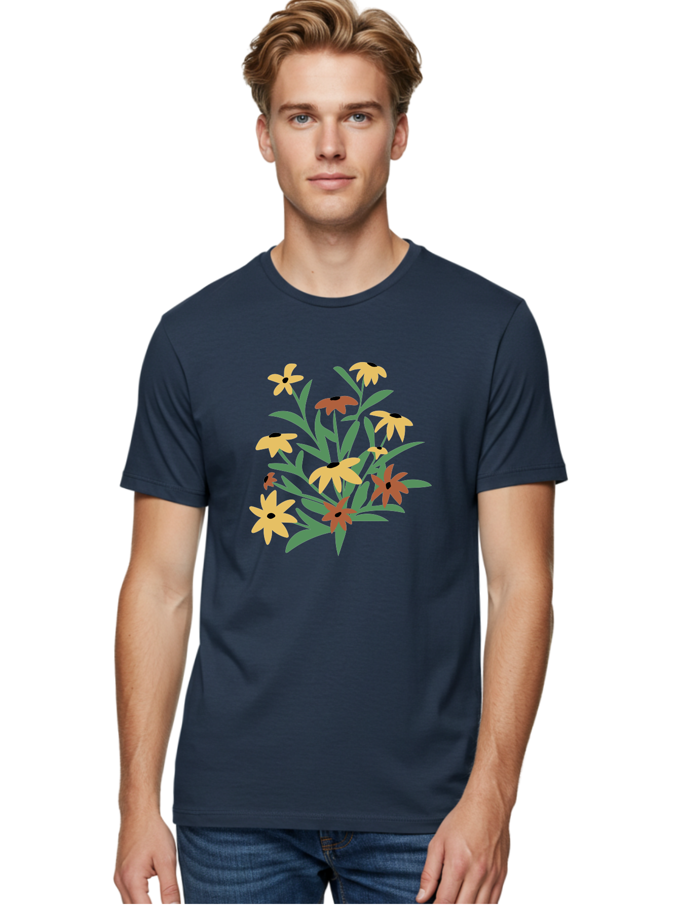 Black-Eyed-Susans Men'S Graphic Tee, 100% Cotton, Comfortable Casual Summer Wear, Machine Washable, Yellow Flowers, Red Flowers, Black Centers, Green Leaves, Floral Arrangement, Digital Illustration, Abstract Flowers, Simple Shapes, Aad999