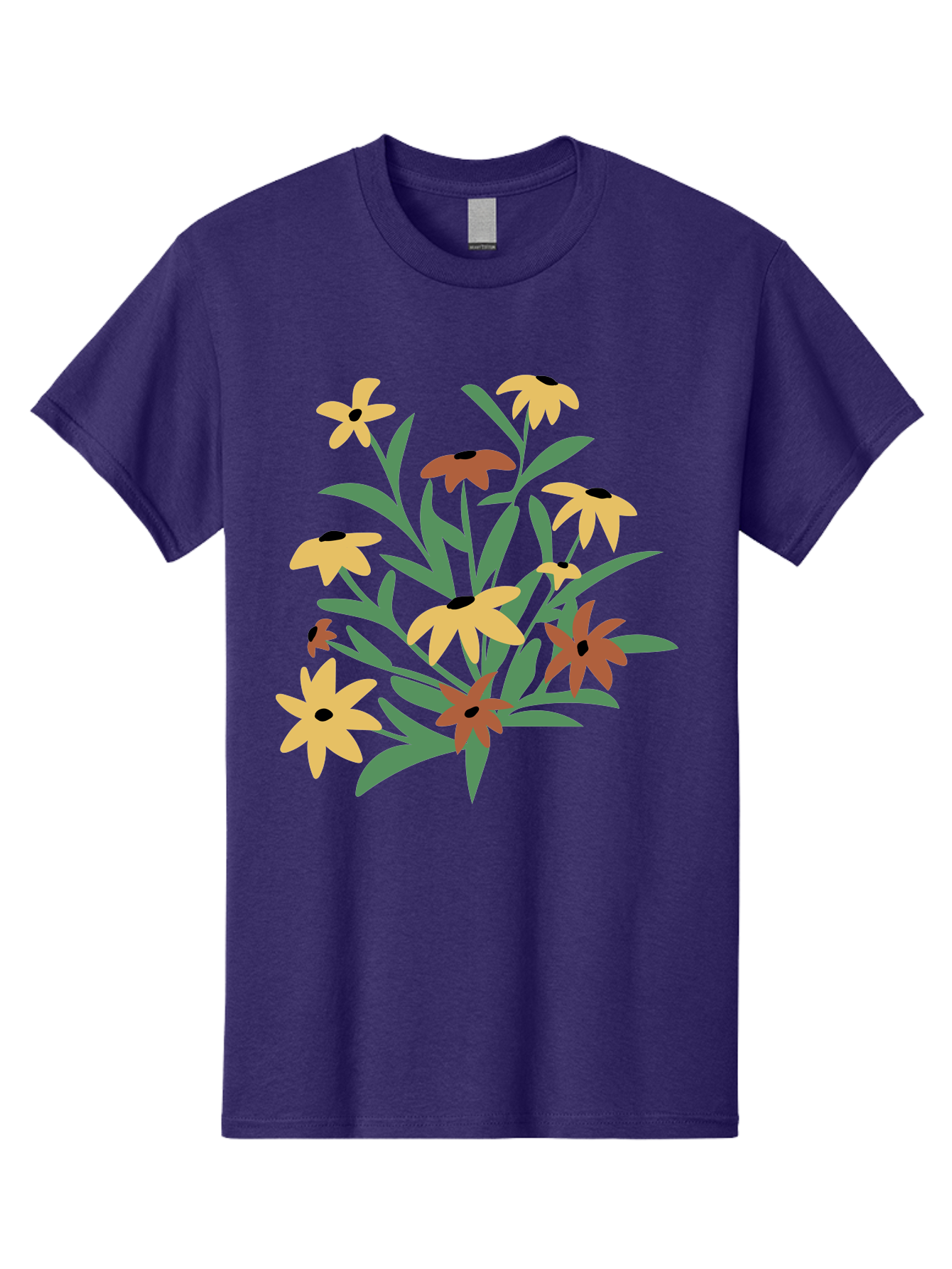 Black-Eyed-Susans Men'S Graphic Tee, 100% Cotton, Comfortable Casual Summer Wear, Machine Washable, Yellow Flowers, Red Flowers, Black Centers, Green Leaves, Floral Arrangement, Digital Illustration, Abstract Flowers, Simple Shapes, Aad999