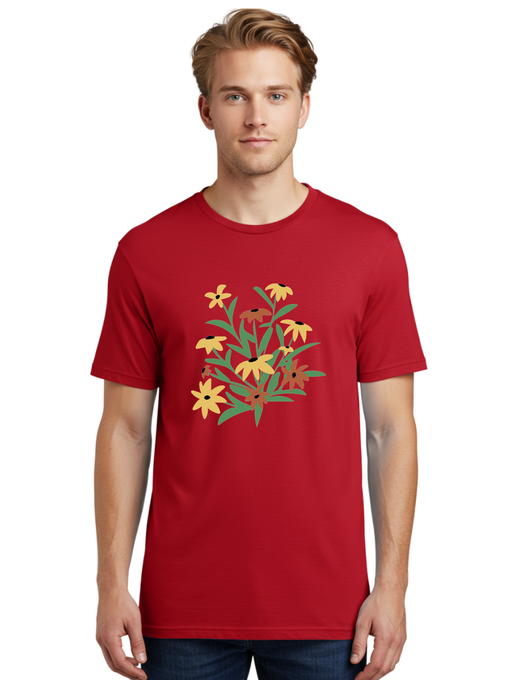 Black-Eyed-Susans Men'S Graphic Tee, 100% Cotton, Comfortable Casual Summer Wear, Machine Washable, Yellow Flowers, Red Flowers, Black Centers, Green Leaves, Floral Arrangement, Digital Illustration, Abstract Flowers, Simple Shapes, Aad999