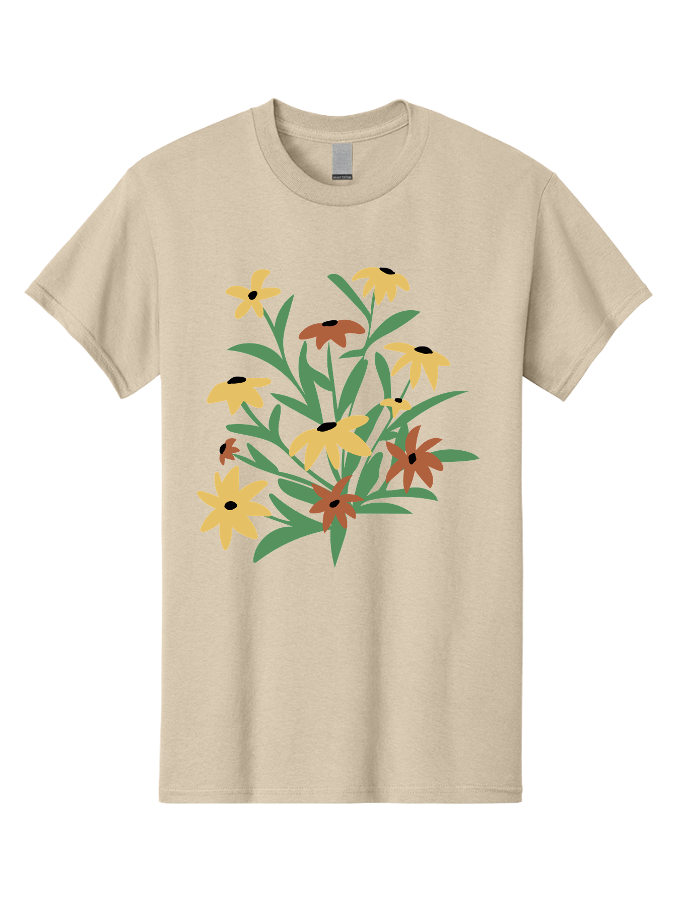 Black-Eyed-Susans Men'S Graphic Tee, 100% Cotton, Comfortable Casual Summer Wear, Machine Washable, Yellow Flowers, Red Flowers, Black Centers, Green Leaves, Floral Arrangement, Digital Illustration, Abstract Flowers, Simple Shapes, Aad999