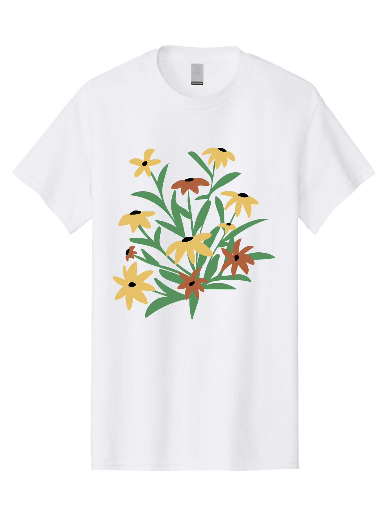 Black-Eyed-Susans Men'S Graphic Tee, 100% Cotton, Comfortable Casual Summer Wear, Machine Washable, Yellow Flowers, Red Flowers, Black Centers, Green Leaves, Floral Arrangement, Digital Illustration, Abstract Flowers, Simple Shapes, Aad999