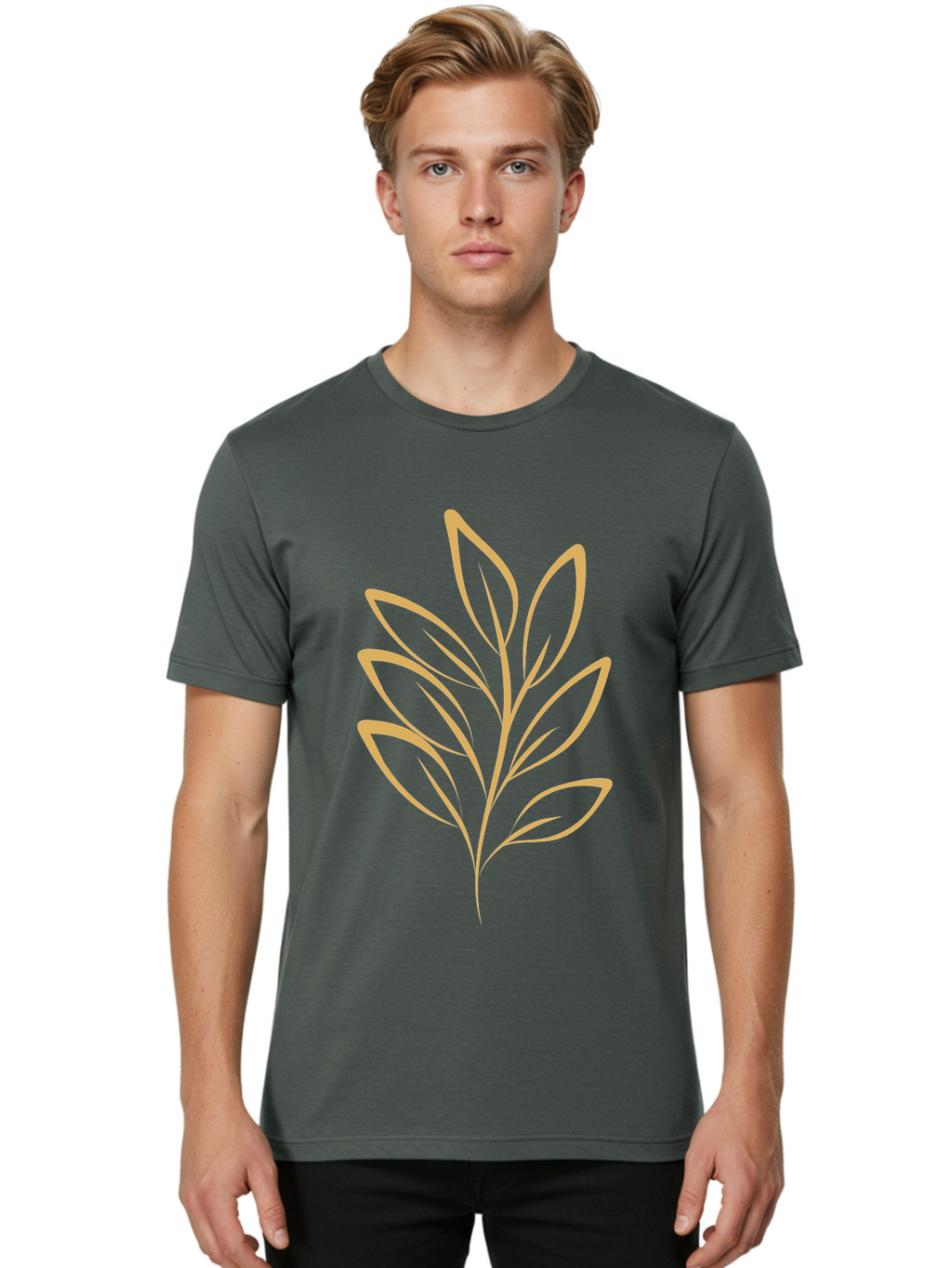 Branch-With-Leaves Men'S Graphic Tee, 100% Cotton, Comfortable Casual Summer Wear, Machine Washable, Simple Leaf Illustration, Minimalist Design, Peach Outline, Botanical Element, Organic Shape, Natural Motif, Gentle Curves Aae000