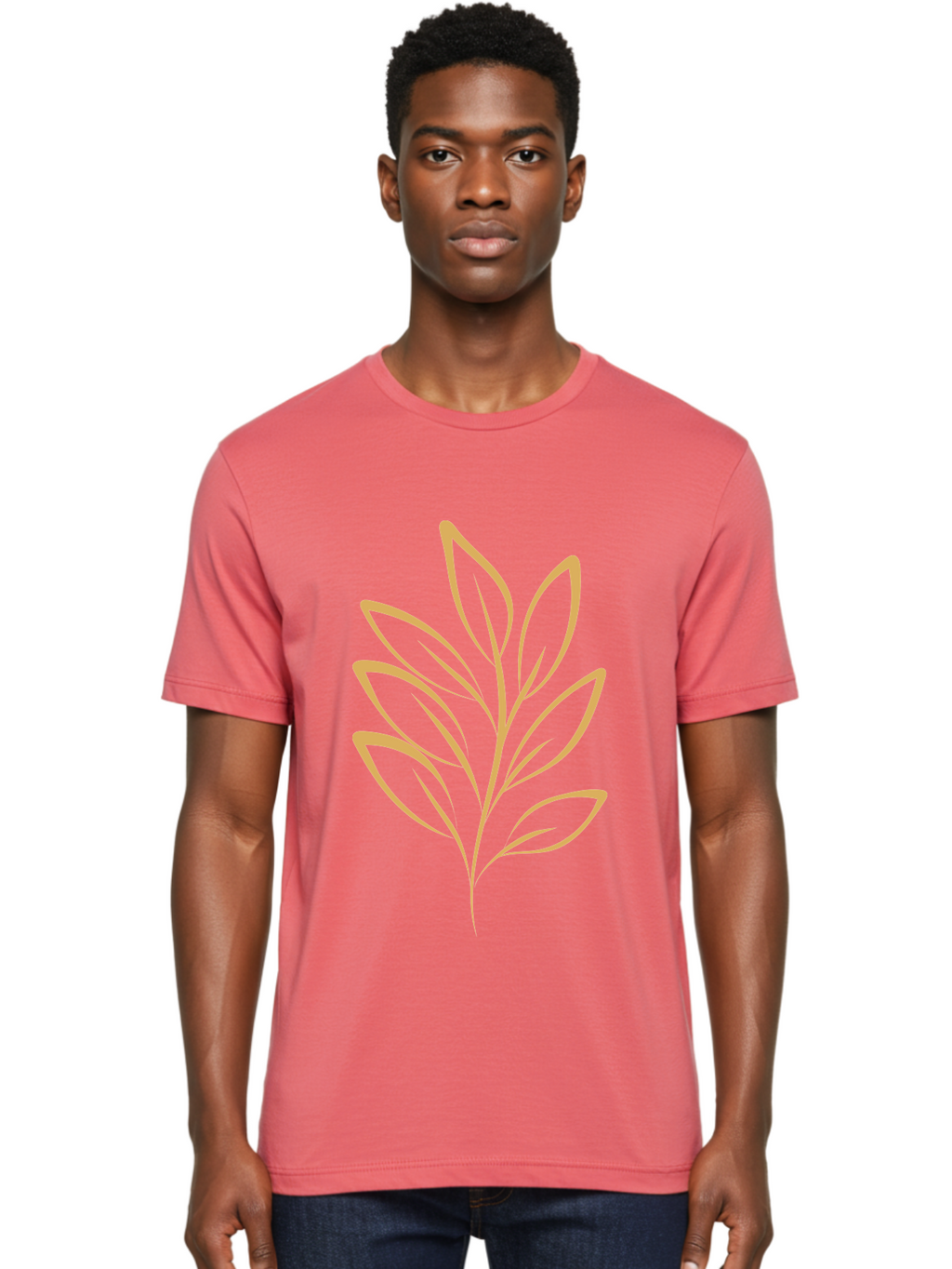 Branch-With-Leaves Men'S Graphic Tee, 100% Cotton, Comfortable Casual Summer Wear, Machine Washable, Simple Leaf Illustration, Minimalist Design, Peach Outline, Botanical Element, Organic Shape, Natural Motif, Gentle Curves Aae000