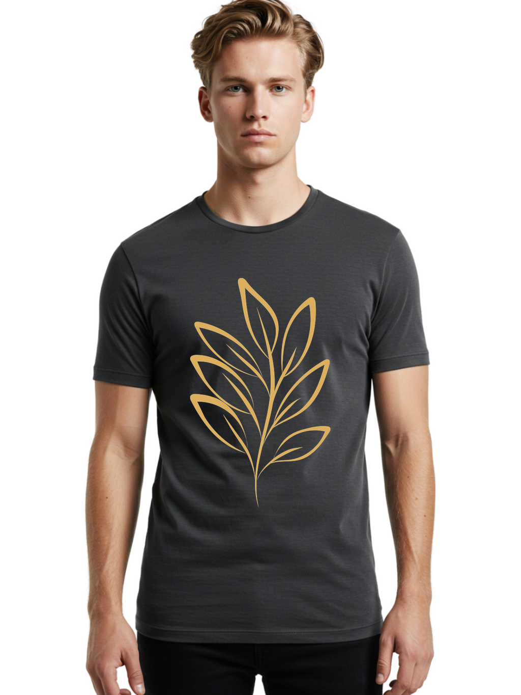 Branch-With-Leaves Men'S Graphic Tee, 100% Cotton, Comfortable Casual Summer Wear, Machine Washable, Simple Leaf Illustration, Minimalist Design, Peach Outline, Botanical Element, Organic Shape, Natural Motif, Gentle Curves Aae000