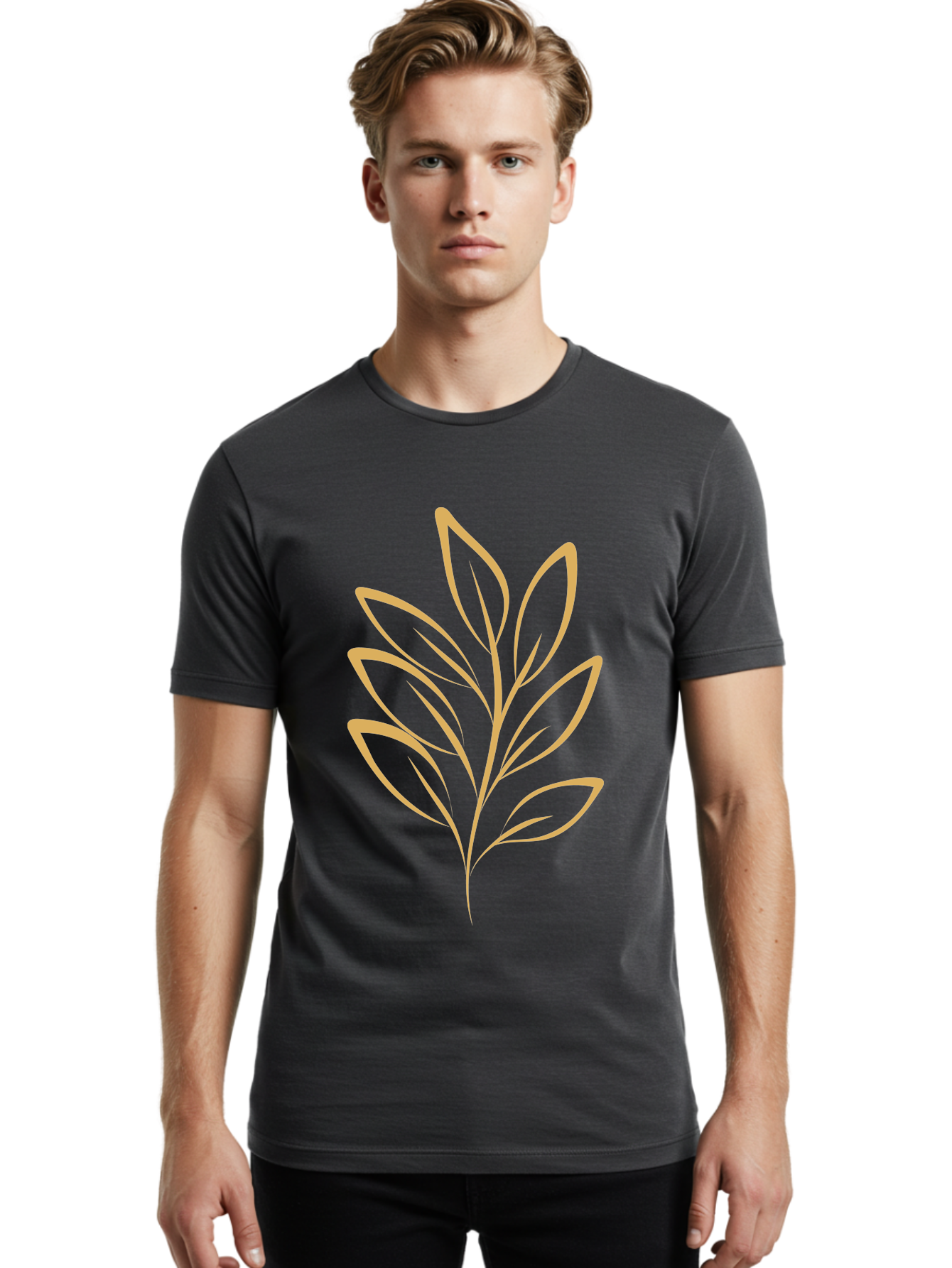 Branch-With-Leaves Men'S Graphic Tee, 100% Cotton, Comfortable Casual Summer Wear, Machine Washable, Simple Leaf Illustration, Minimalist Design, Peach Outline, Botanical Element, Organic Shape, Natural Motif, Gentle Curves Aae000