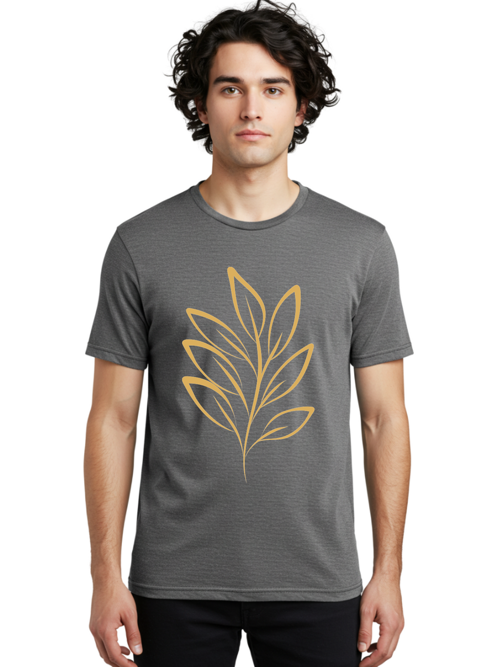 Branch-With-Leaves Men'S Graphic Tee, 100% Cotton, Comfortable Casual Summer Wear, Machine Washable, Simple Leaf Illustration, Minimalist Design, Peach Outline, Botanical Element, Organic Shape, Natural Motif, Gentle Curves Aae000