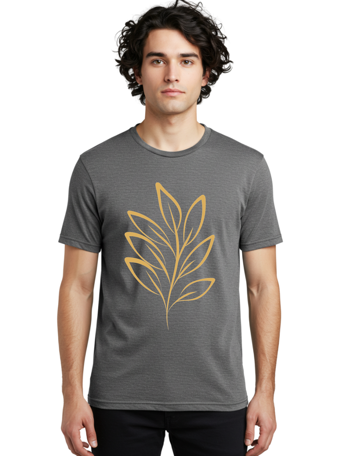 Branch-With-Leaves Men'S Graphic Tee, 100% Cotton, Comfortable Casual Summer Wear, Machine Washable, Simple Leaf Illustration, Minimalist Design, Peach Outline, Botanical Element, Organic Shape, Natural Motif, Gentle Curves Aae000