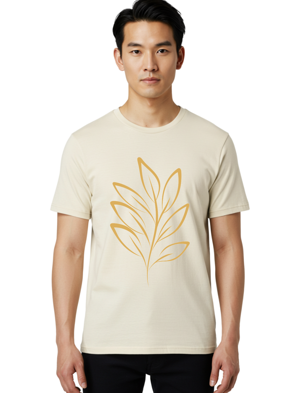 Branch-With-Leaves Men'S Graphic Tee, 100% Cotton, Comfortable Casual Summer Wear, Machine Washable, Simple Leaf Illustration, Minimalist Design, Peach Outline, Botanical Element, Organic Shape, Natural Motif, Gentle Curves Aae000