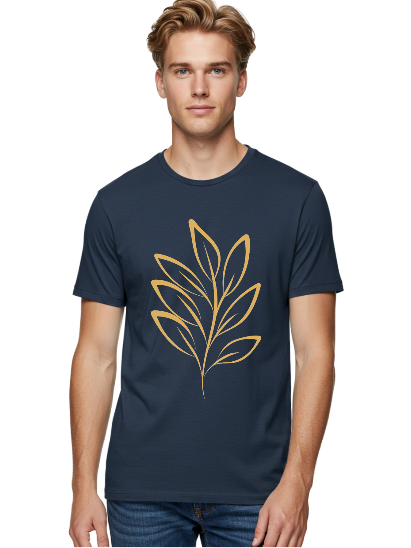 Branch-With-Leaves Men'S Graphic Tee, 100% Cotton, Comfortable Casual Summer Wear, Machine Washable, Simple Leaf Illustration, Minimalist Design, Peach Outline, Botanical Element, Organic Shape, Natural Motif, Gentle Curves Aae000