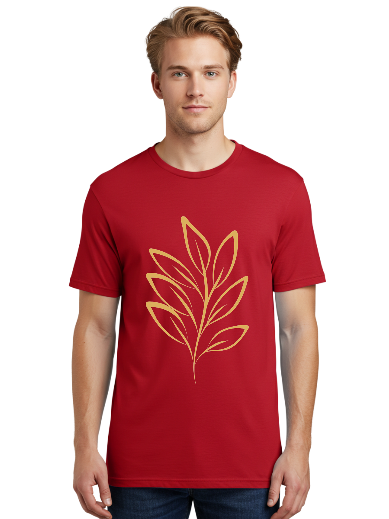 Branch-With-Leaves Men'S Graphic Tee, 100% Cotton, Comfortable Casual Summer Wear, Machine Washable, Simple Leaf Illustration, Minimalist Design, Peach Outline, Botanical Element, Organic Shape, Natural Motif, Gentle Curves Aae000
