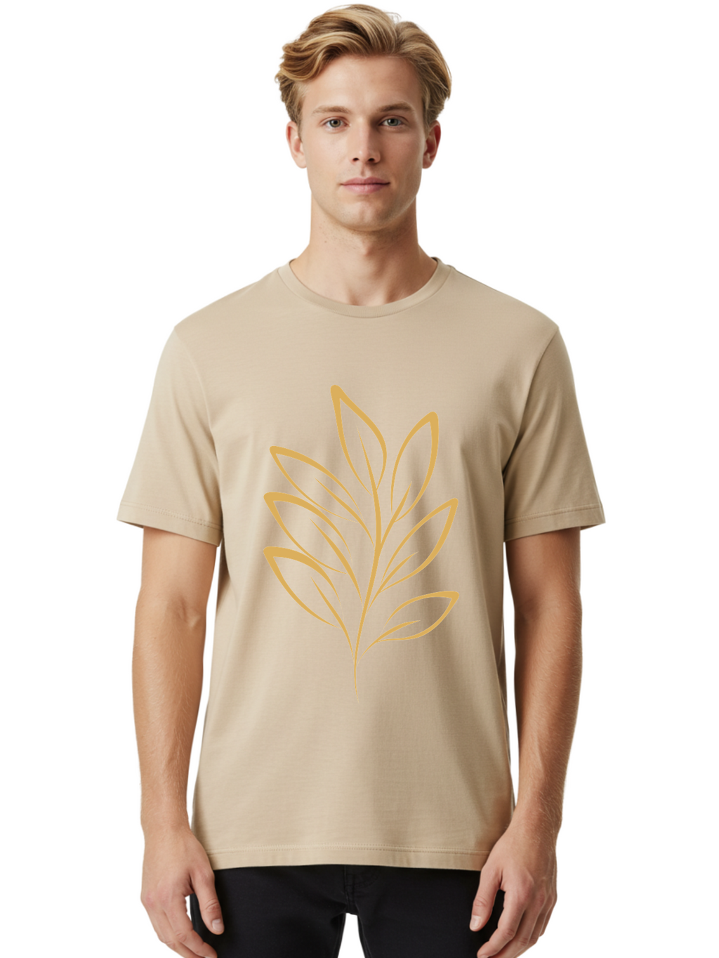 Branch-With-Leaves Men'S Graphic Tee, 100% Cotton, Comfortable Casual Summer Wear, Machine Washable, Simple Leaf Illustration, Minimalist Design, Peach Outline, Botanical Element, Organic Shape, Natural Motif, Gentle Curves Aae000