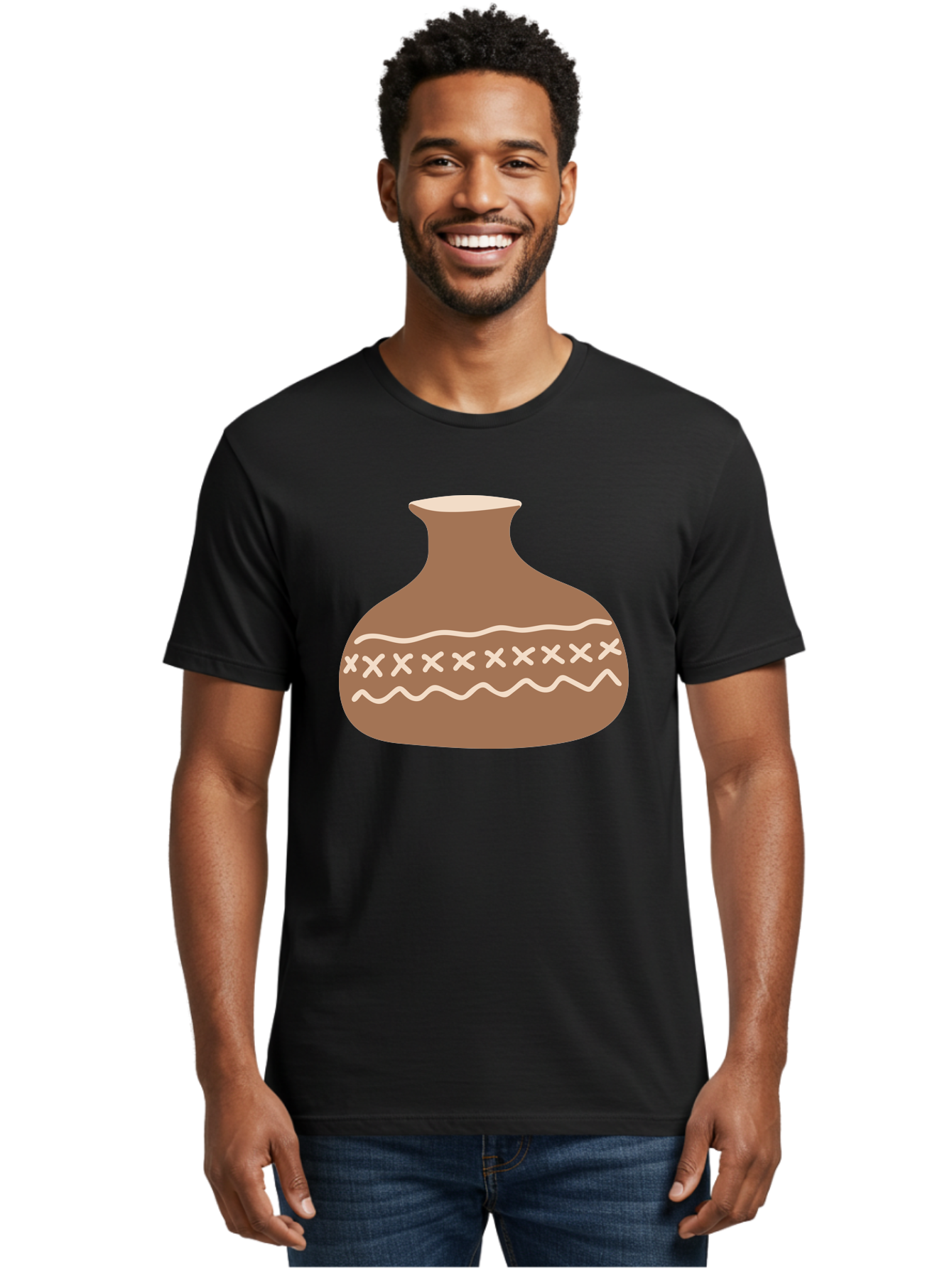 Clay-Pot Men'S Graphic Tee, 100% Cotton, Comfortable Casual Summer Wear, Machine Washable, Clay Pot, Pottery Vessel, Ceramic Design, Traditional Craftsmanship, Handmade Art, Wavy Lines, Crosses Pattern, Earthy Tones, Cultural Heritage, Aae004