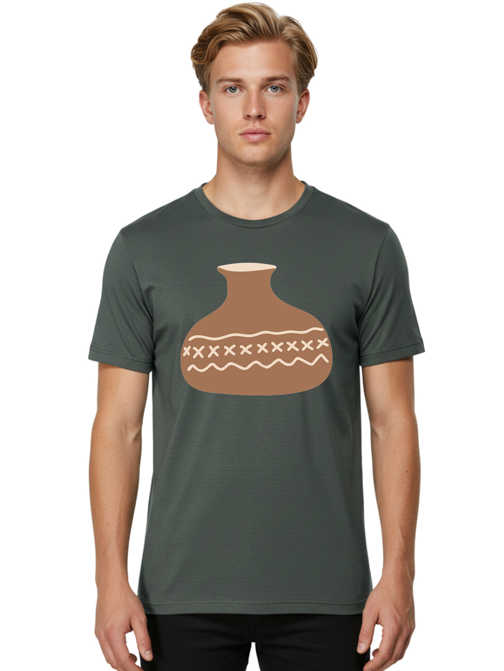 Clay-Pot Men'S Graphic Tee, 100% Cotton, Comfortable Casual Summer Wear, Machine Washable, Clay Pot, Pottery Vessel, Ceramic Design, Traditional Craftsmanship, Handmade Art, Wavy Lines, Crosses Pattern, Earthy Tones, Cultural Heritage, Aae004