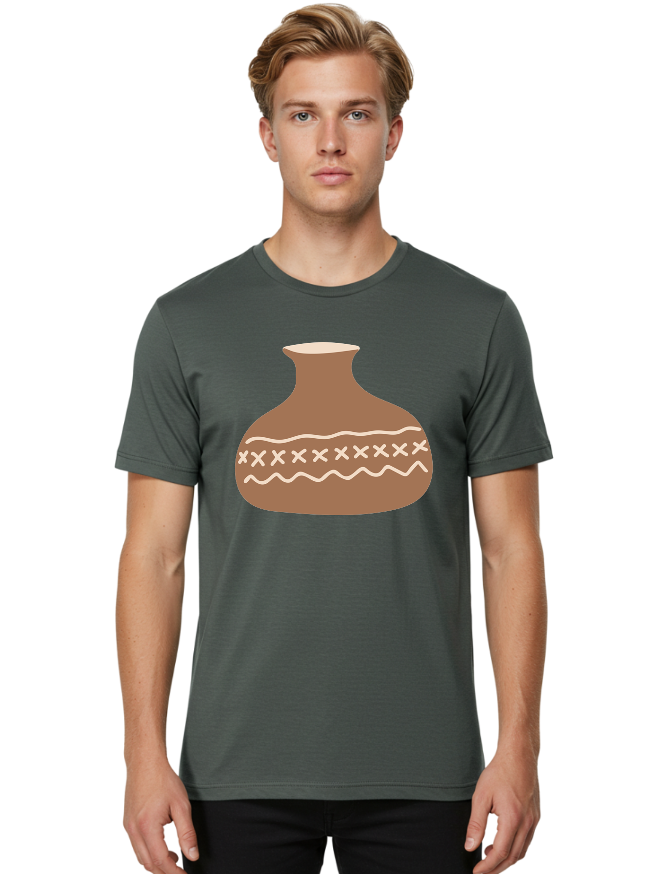 Clay-Pot Men'S Graphic Tee, 100% Cotton, Comfortable Casual Summer Wear, Machine Washable, Clay Pot, Pottery Vessel, Ceramic Design, Traditional Craftsmanship, Handmade Art, Wavy Lines, Crosses Pattern, Earthy Tones, Cultural Heritage, Aae004