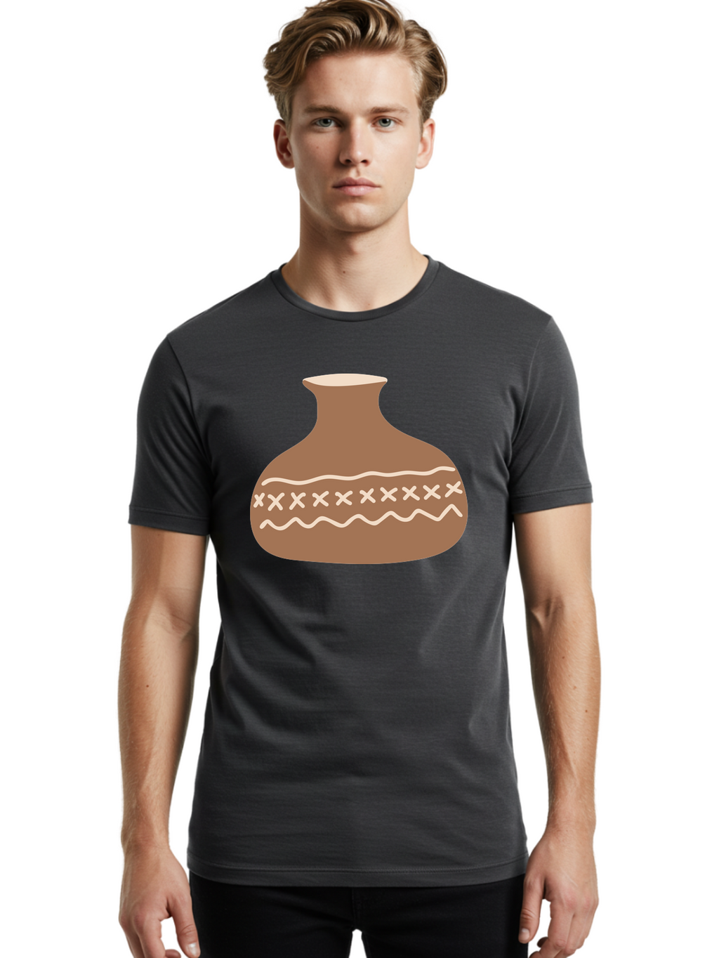 Clay-Pot Men'S Graphic Tee, 100% Cotton, Comfortable Casual Summer Wear, Machine Washable, Clay Pot, Pottery Vessel, Ceramic Design, Traditional Craftsmanship, Handmade Art, Wavy Lines, Crosses Pattern, Earthy Tones, Cultural Heritage, Aae004
