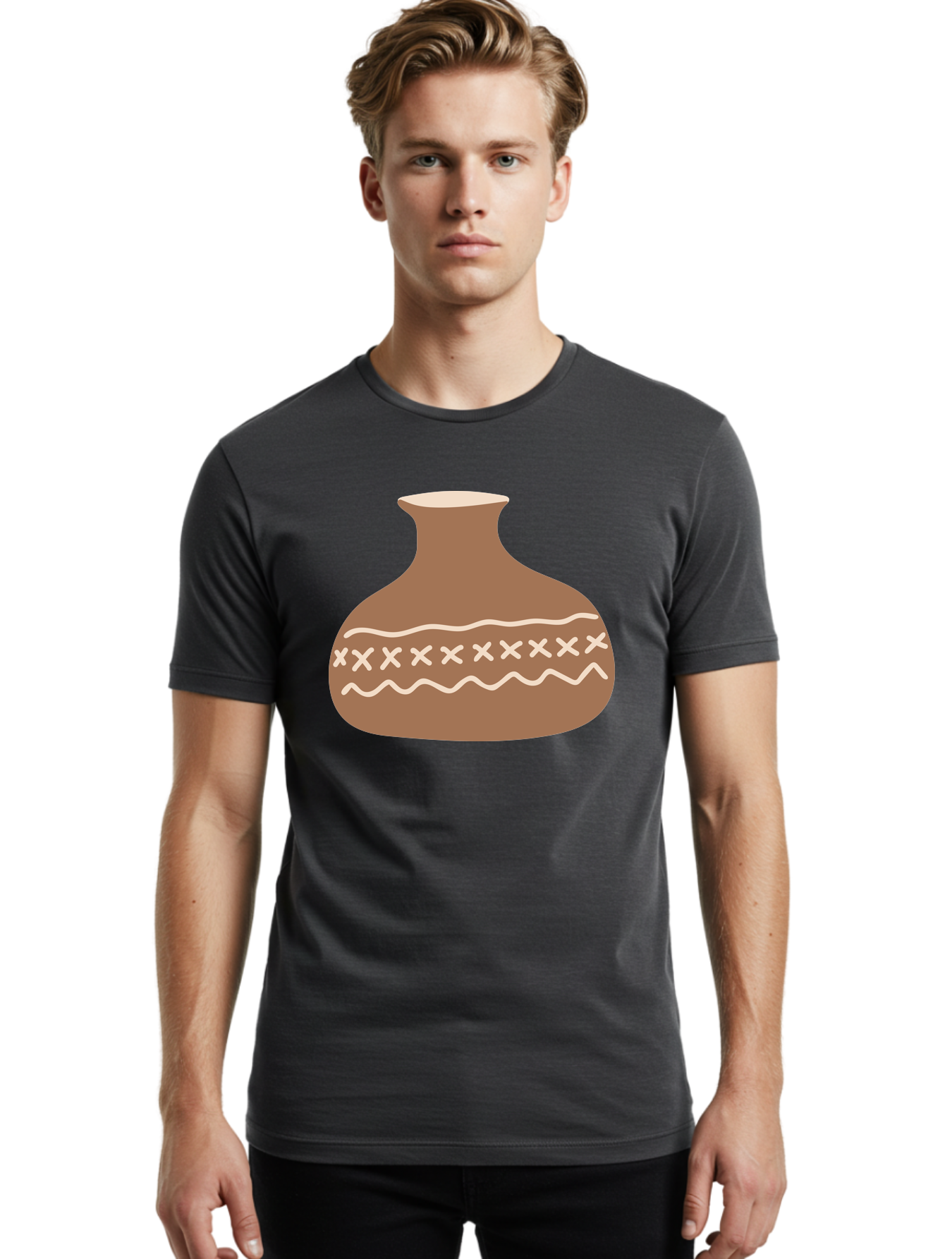 Clay-Pot Men'S Graphic Tee, 100% Cotton, Comfortable Casual Summer Wear, Machine Washable, Clay Pot, Pottery Vessel, Ceramic Design, Traditional Craftsmanship, Handmade Art, Wavy Lines, Crosses Pattern, Earthy Tones, Cultural Heritage, Aae004