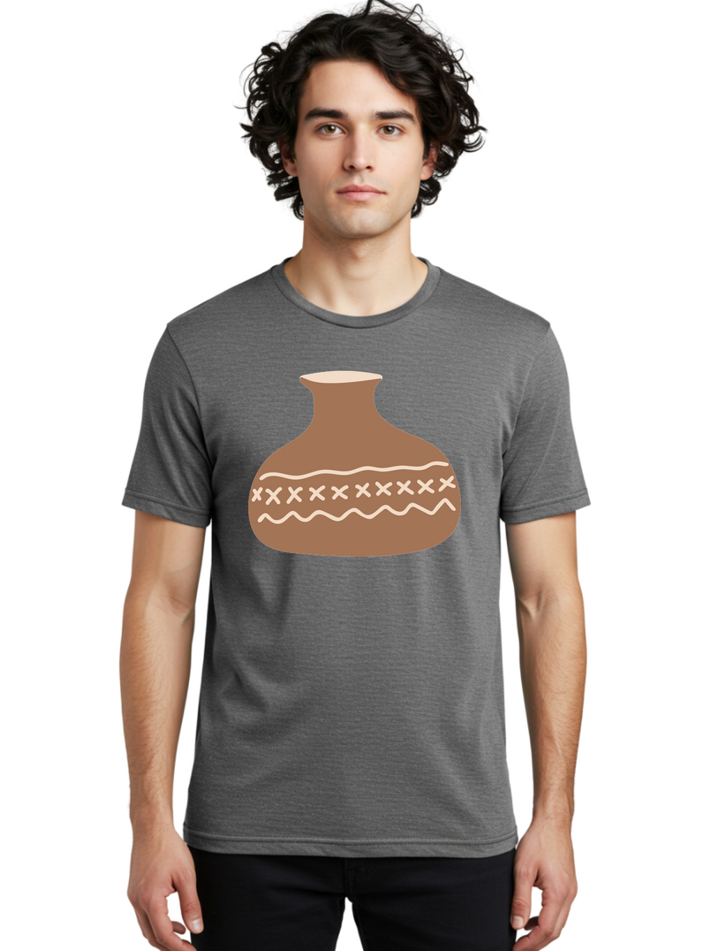 Clay-Pot Men'S Graphic Tee, 100% Cotton, Comfortable Casual Summer Wear, Machine Washable, Clay Pot, Pottery Vessel, Ceramic Design, Traditional Craftsmanship, Handmade Art, Wavy Lines, Crosses Pattern, Earthy Tones, Cultural Heritage, Aae004