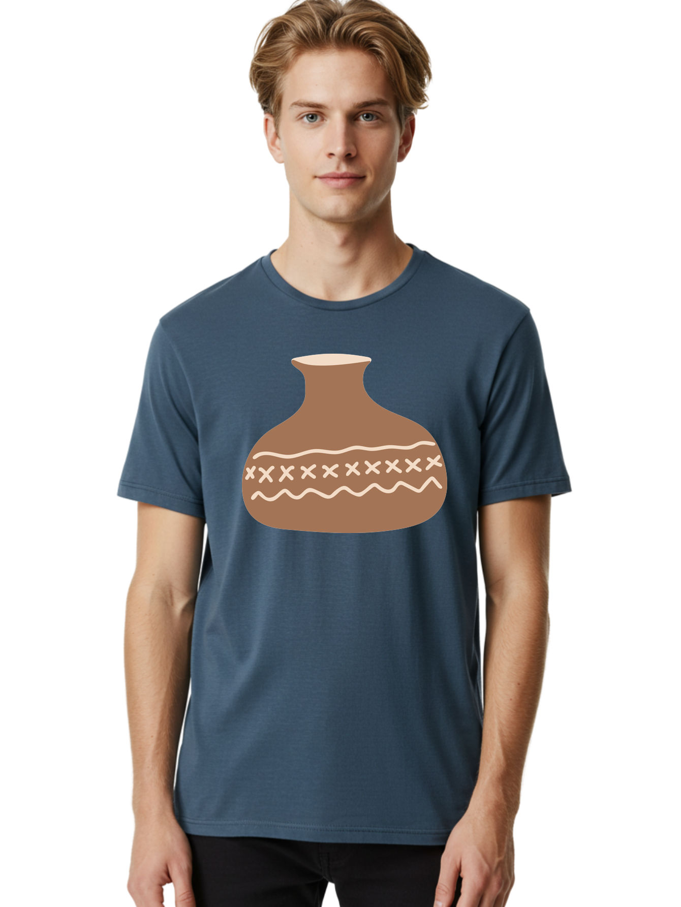 Clay-Pot Men'S Graphic Tee, 100% Cotton, Comfortable Casual Summer Wear, Machine Washable, Clay Pot, Pottery Vessel, Ceramic Design, Traditional Craftsmanship, Handmade Art, Wavy Lines, Crosses Pattern, Earthy Tones, Cultural Heritage, Aae004