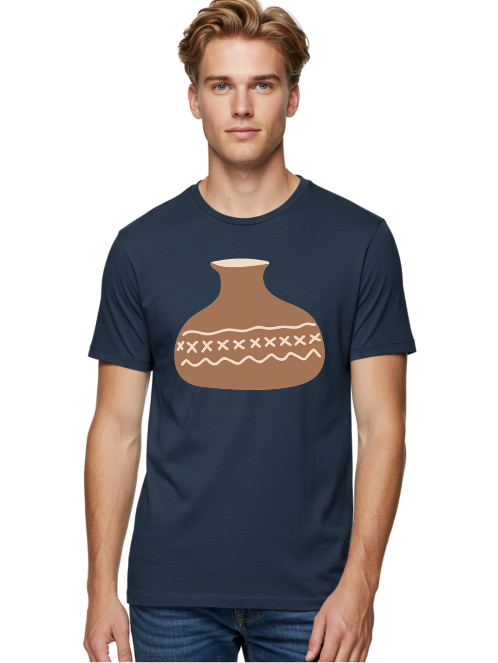 Clay-Pot Men'S Graphic Tee, 100% Cotton, Comfortable Casual Summer Wear, Machine Washable, Clay Pot, Pottery Vessel, Ceramic Design, Traditional Craftsmanship, Handmade Art, Wavy Lines, Crosses Pattern, Earthy Tones, Cultural Heritage, Aae004