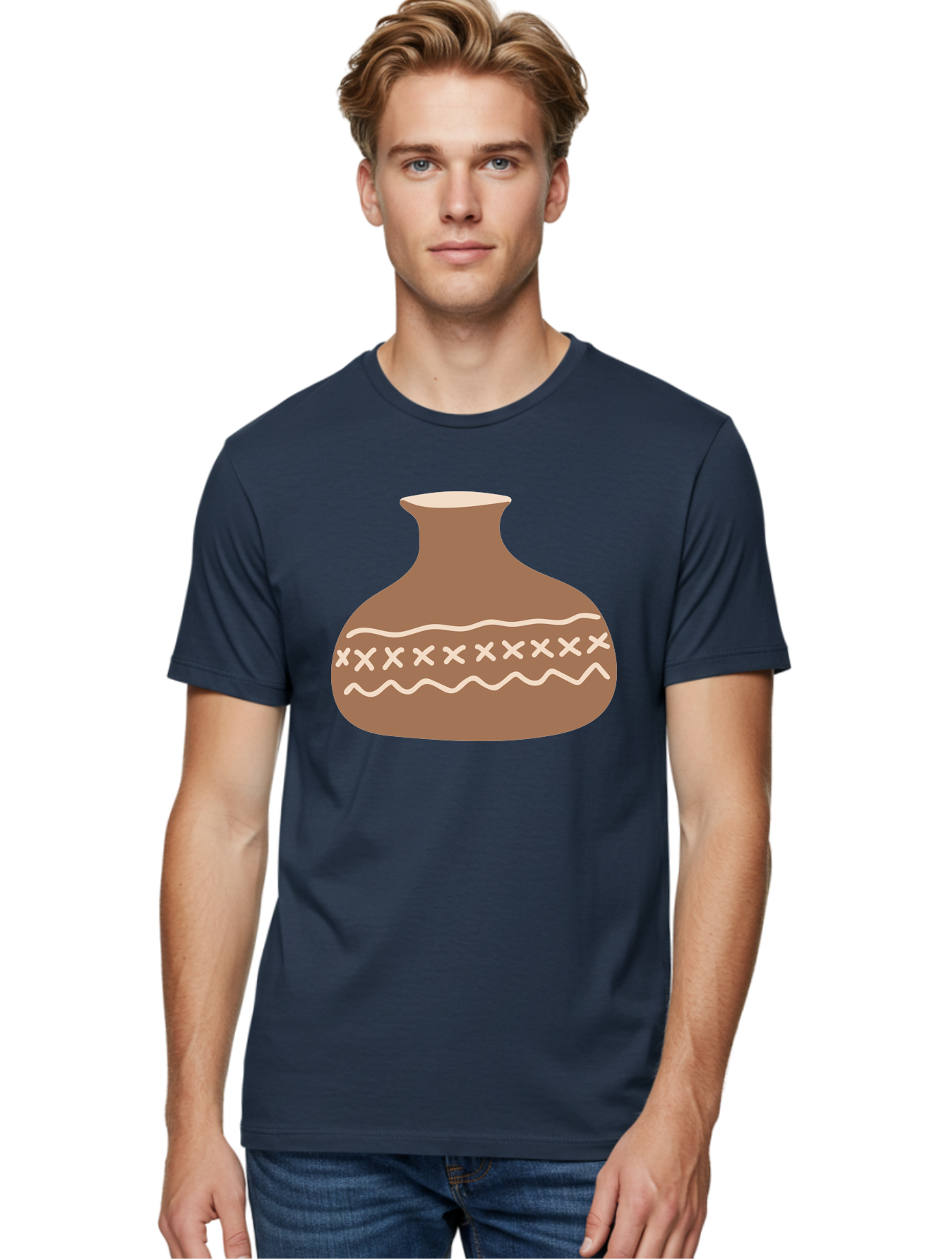 Clay-Pot Men'S Graphic Tee, 100% Cotton, Comfortable Casual Summer Wear, Machine Washable, Clay Pot, Pottery Vessel, Ceramic Design, Traditional Craftsmanship, Handmade Art, Wavy Lines, Crosses Pattern, Earthy Tones, Cultural Heritage, Aae004