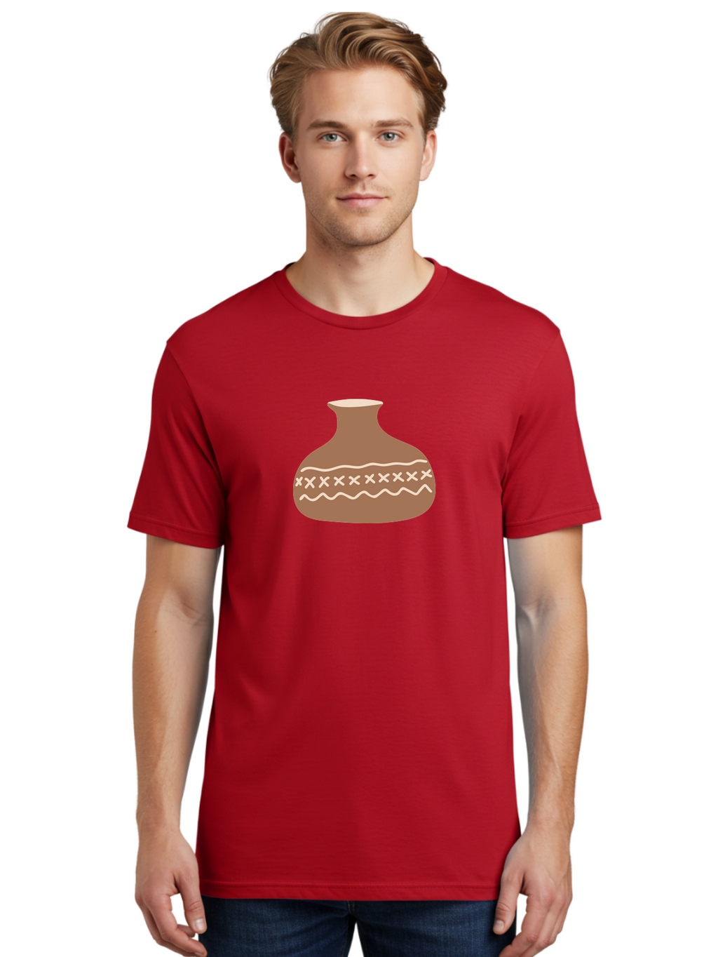 Clay-Pot Men'S Graphic Tee, 100% Cotton, Comfortable Casual Summer Wear, Machine Washable, Clay Pot, Pottery Vessel, Ceramic Design, Traditional Craftsmanship, Handmade Art, Wavy Lines, Crosses Pattern, Earthy Tones, Cultural Heritage, Aae004