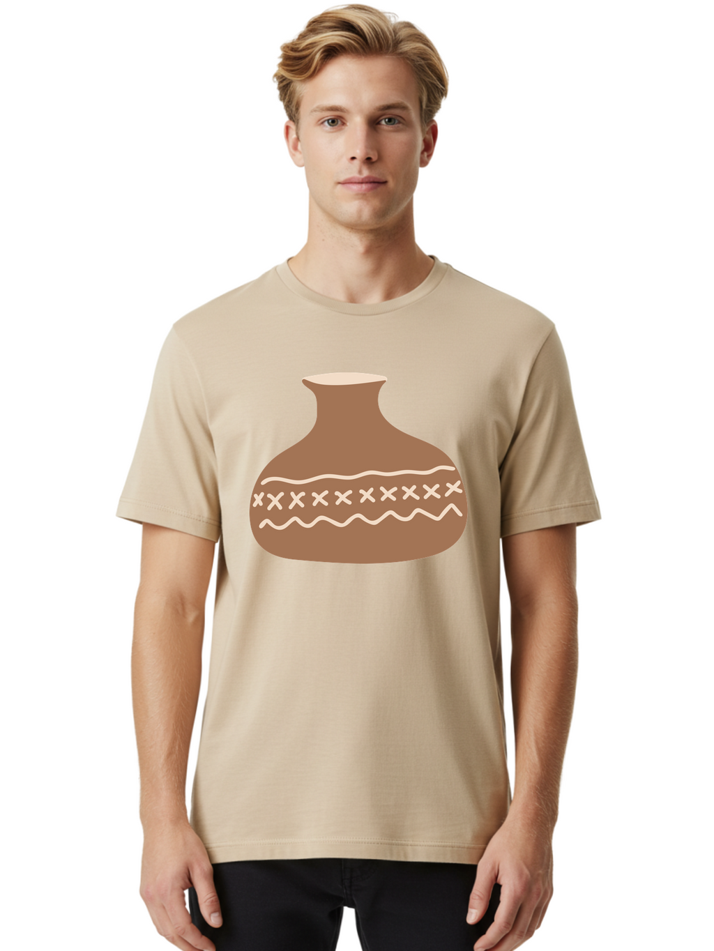 Clay-Pot Men'S Graphic Tee, 100% Cotton, Comfortable Casual Summer Wear, Machine Washable, Clay Pot, Pottery Vessel, Ceramic Design, Traditional Craftsmanship, Handmade Art, Wavy Lines, Crosses Pattern, Earthy Tones, Cultural Heritage, Aae004