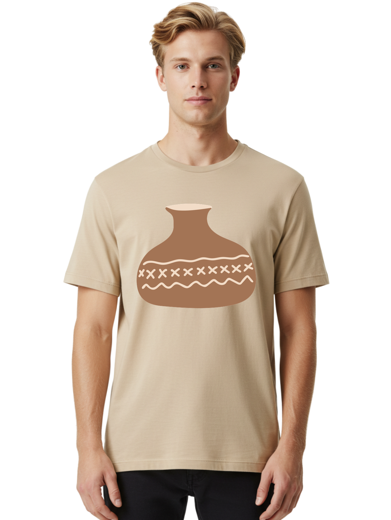 Clay-Pot Men'S Graphic Tee, 100% Cotton, Comfortable Casual Summer Wear, Machine Washable, Clay Pot, Pottery Vessel, Ceramic Design, Traditional Craftsmanship, Handmade Art, Wavy Lines, Crosses Pattern, Earthy Tones, Cultural Heritage, Aae004