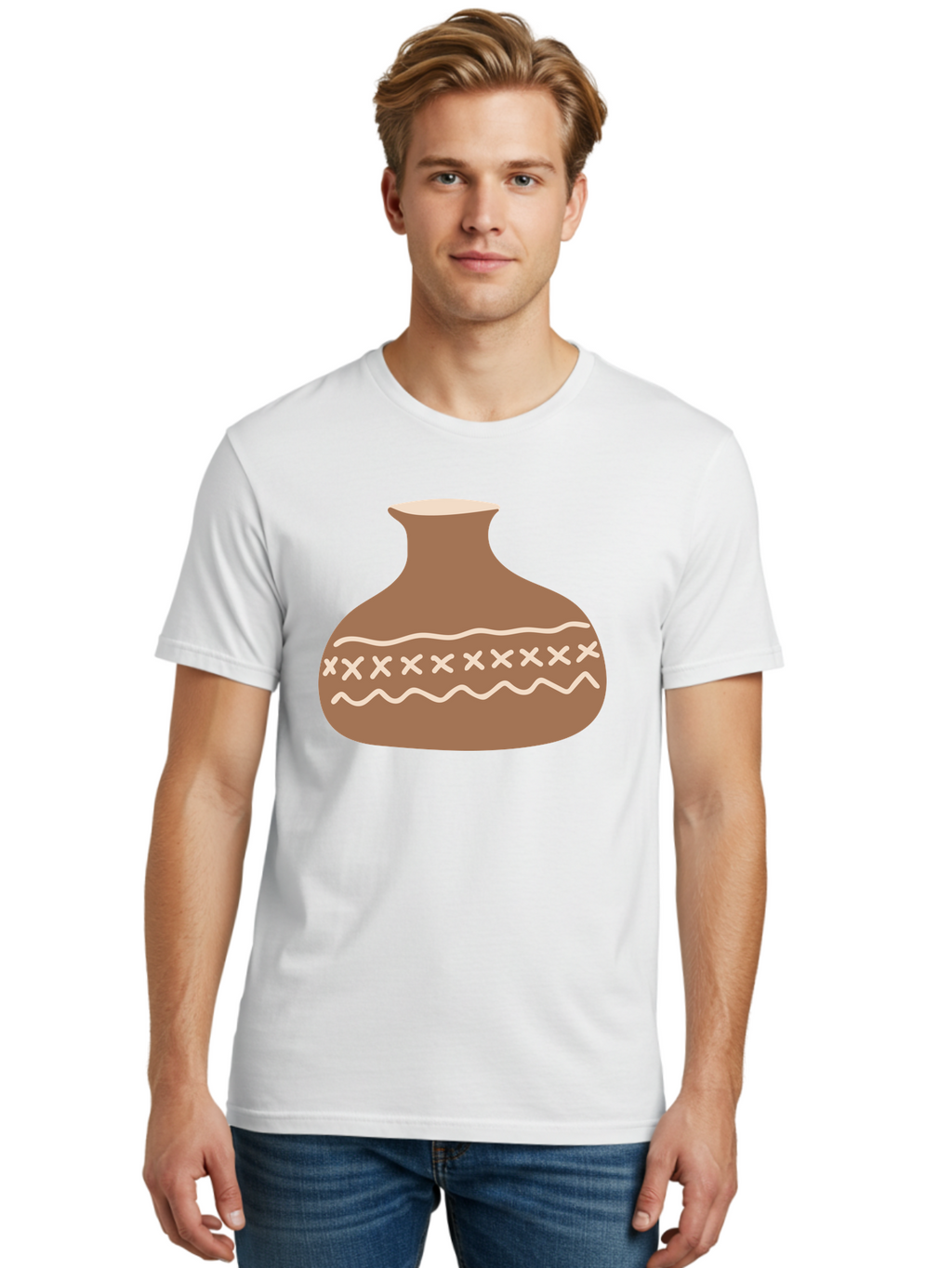 Clay-Pot Men'S Graphic Tee, 100% Cotton, Comfortable Casual Summer Wear, Machine Washable, Clay Pot, Pottery Vessel, Ceramic Design, Traditional Craftsmanship, Handmade Art, Wavy Lines, Crosses Pattern, Earthy Tones, Cultural Heritage, Aae004
