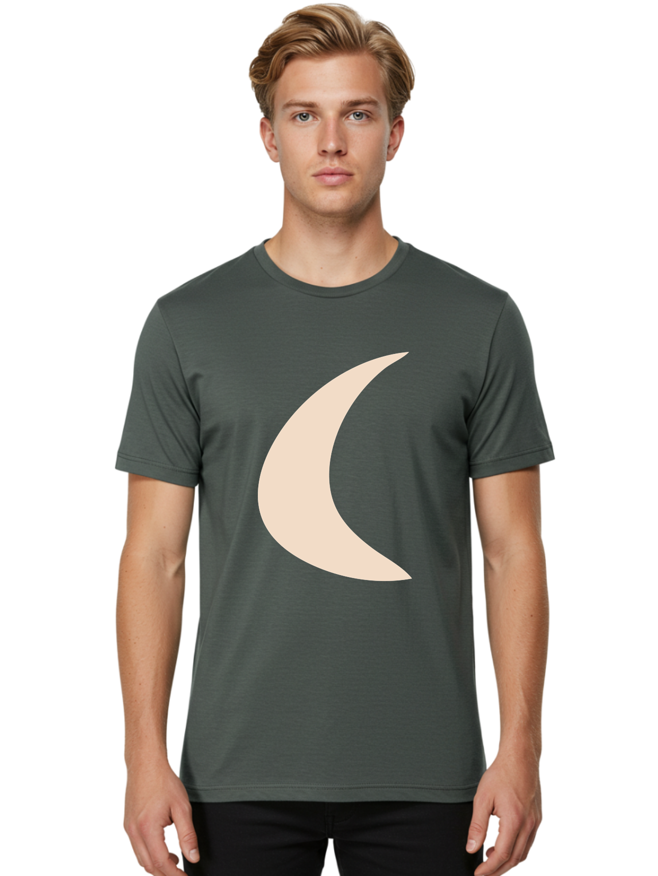 Crescent-Moon Men'S Graphic Tee, 100% Cotton, Comfortable Casual Summer Wear, Machine Washable, Crescent Moon, Pale Moon Shape, Simple Graphics, Minimalist Design, Moon Symbol, Digital Illustration, Abstract Shapes Aae007