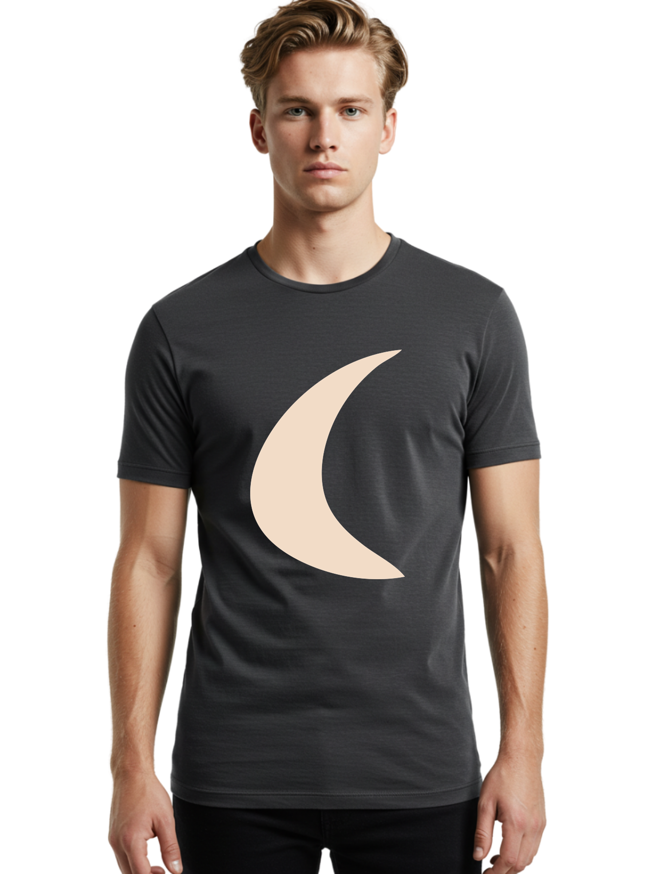 Crescent-Moon Men'S Graphic Tee, 100% Cotton, Comfortable Casual Summer Wear, Machine Washable, Crescent Moon, Pale Moon Shape, Simple Graphics, Minimalist Design, Moon Symbol, Digital Illustration, Abstract Shapes Aae007