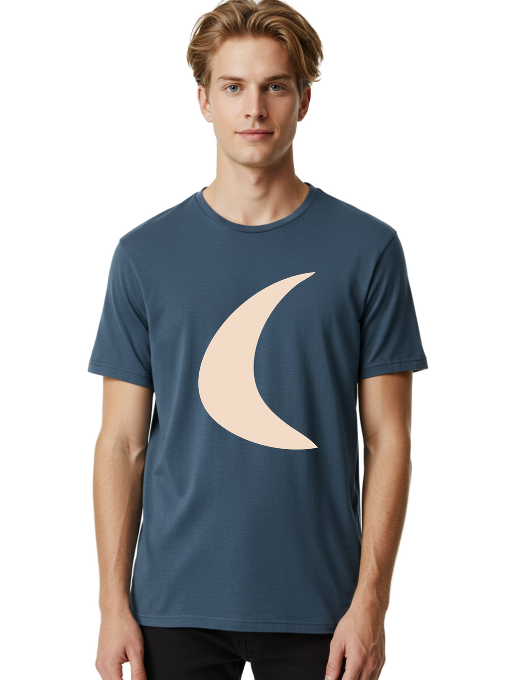 Crescent-Moon Men'S Graphic Tee, 100% Cotton, Comfortable Casual Summer Wear, Machine Washable, Crescent Moon, Pale Moon Shape, Simple Graphics, Minimalist Design, Moon Symbol, Digital Illustration, Abstract Shapes Aae007